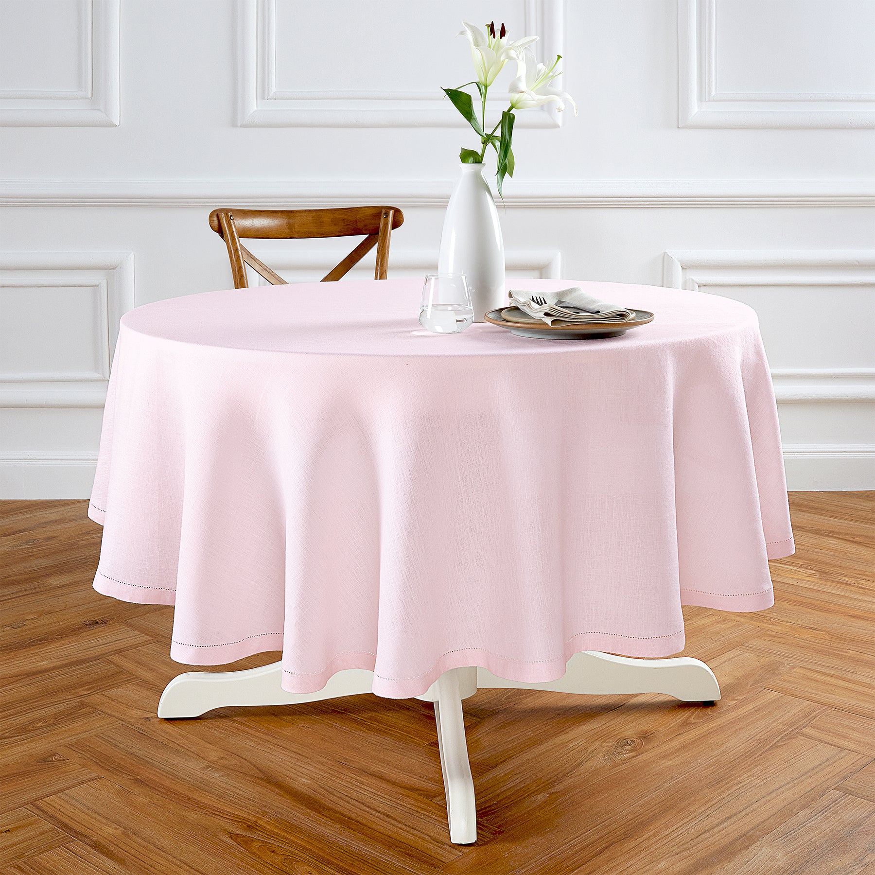 Sonoma Hemstitch Round Tablecloth - 60 Inch White Linen Table Cover for Dining, Parties & Special Events | Elegant & Durable Home Decor