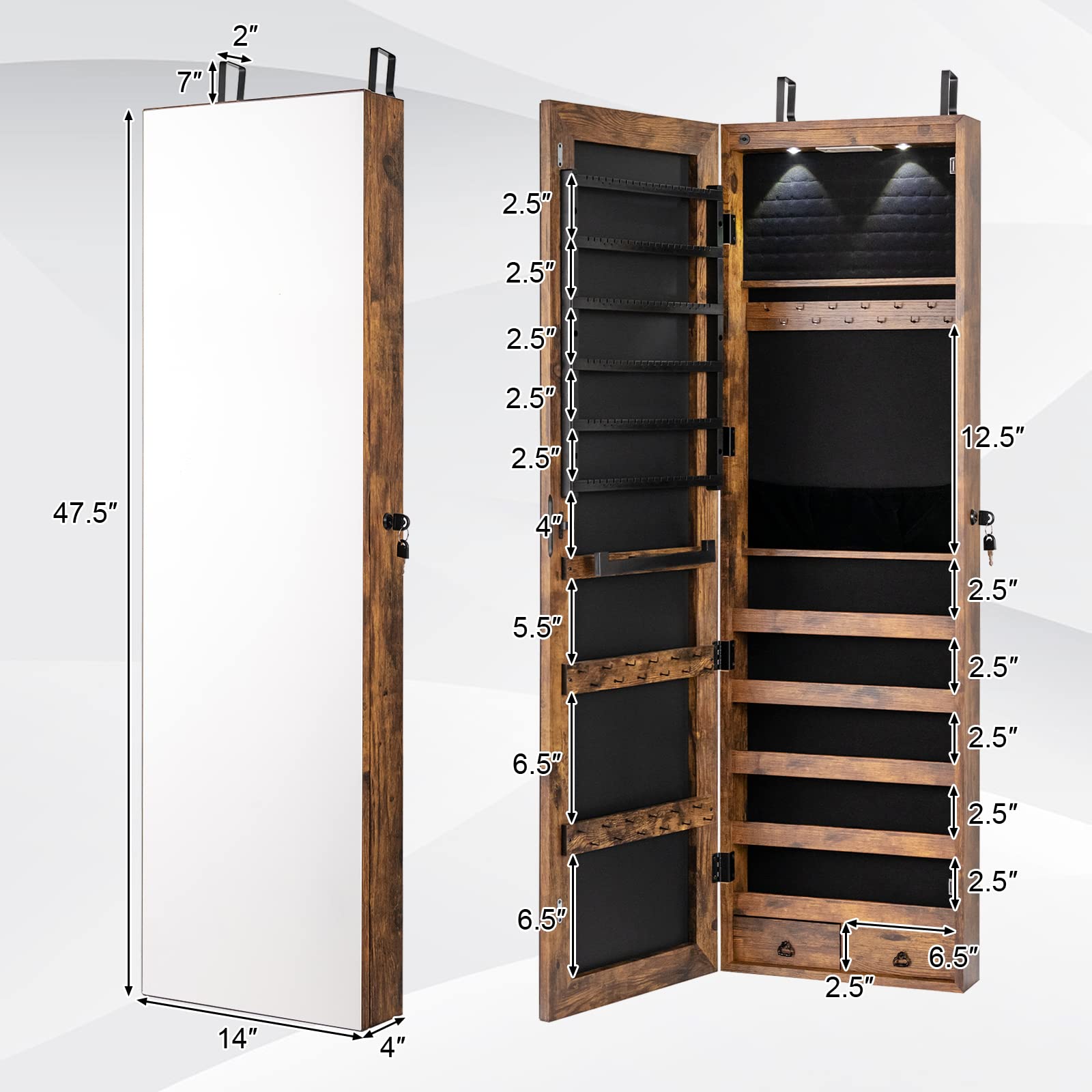 COSTWAY Hanging Jewelry Organizer with Full-Length Mirror & LED Lights - Wall Mount Jewelry Cabinet with Lock, Large Capacity Storage for Necklaces, Rings, Earrings - Perfect for Bedroom, Closet or Dressing Room (Rustic Brown)