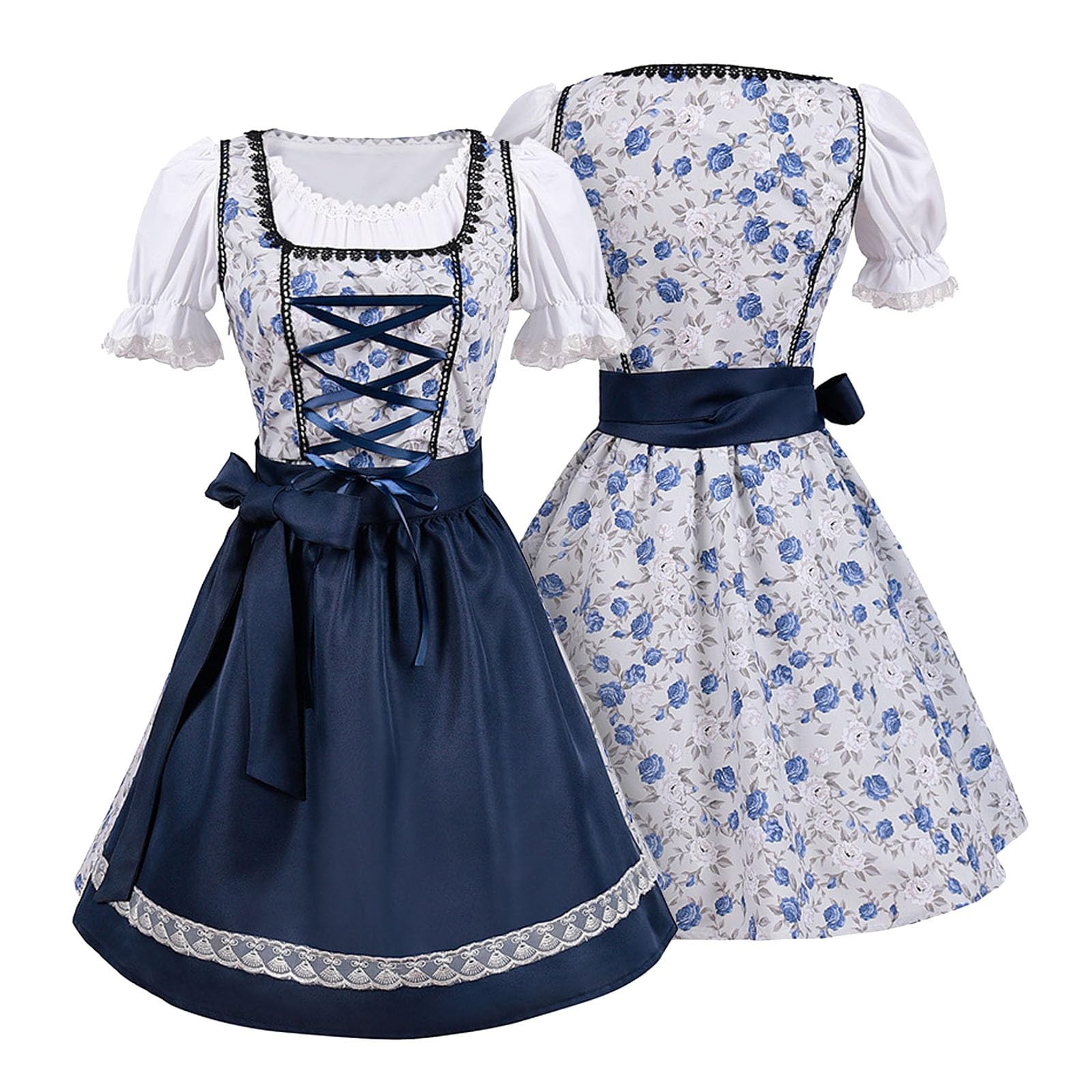 XL German Dirndl Dress for Women - Square Neckline Apron Oktoberfest Costume & Springtrap Cosplay Outfit in Blue | Perfect for Halloween, Themed Parties & Renaissance Fairs