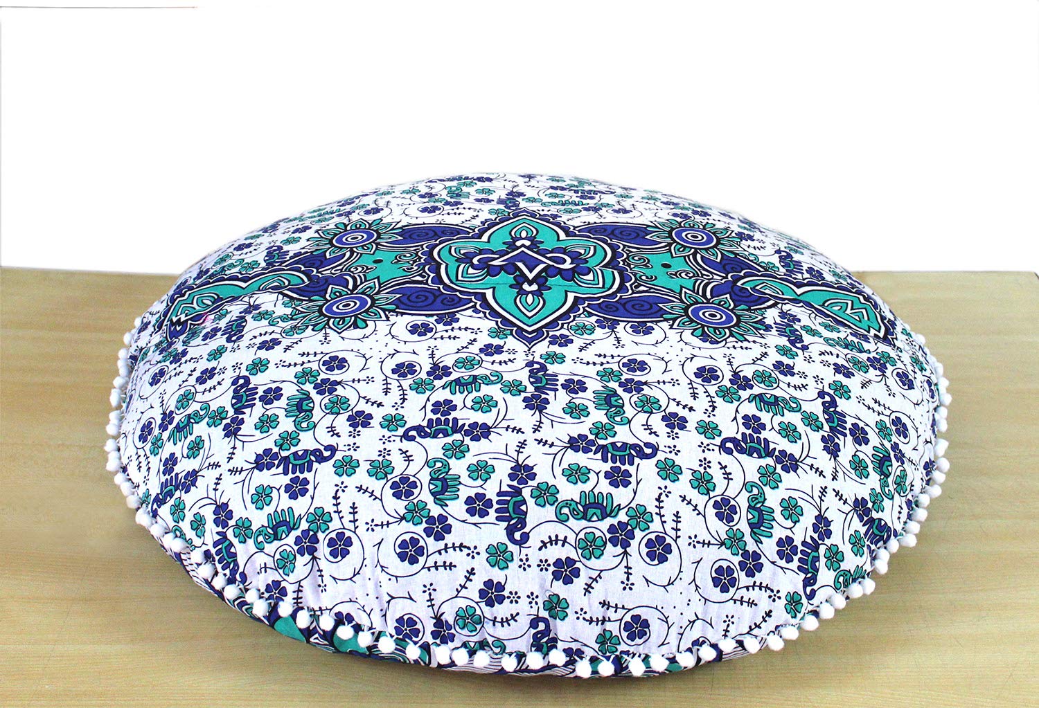 32 Inch Floor Pillow Cover - Bohemian Mandala Design, Decorative Hippie Pouf Cushion Cover for Meditation, Seating & Ottoman - White & Blue Boho Style - Perfect for Living Room, Yoga Studio & Cozy Home Decor