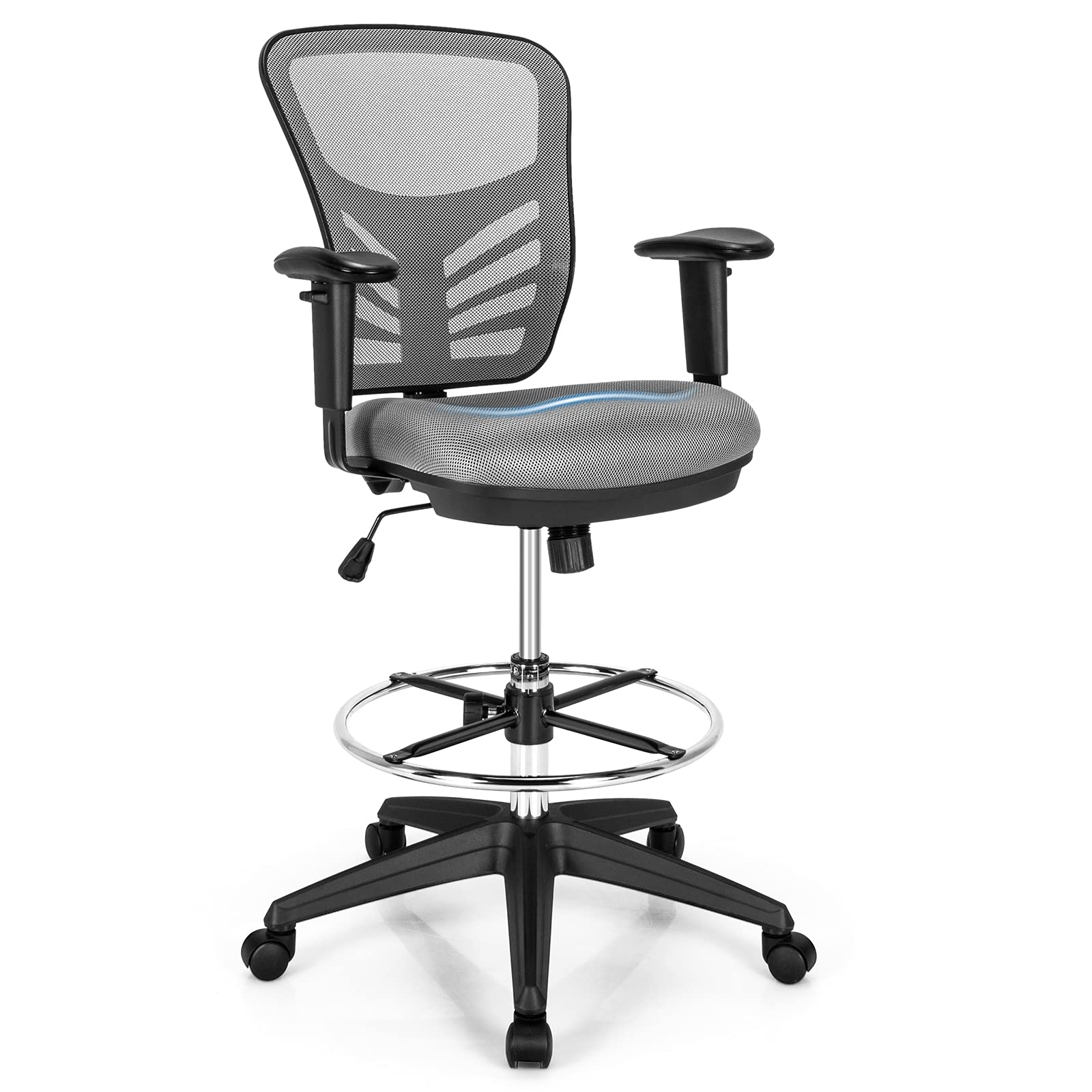 Giantex Ergonomic Mesh Drafting Chair - Adjustable Height Tall Office Chair with Foot Ring & Lumbar Support, Swivel Rolling Task Chair for Standing Desk - Perfect for Architects, Artists & Home Office (Gray)