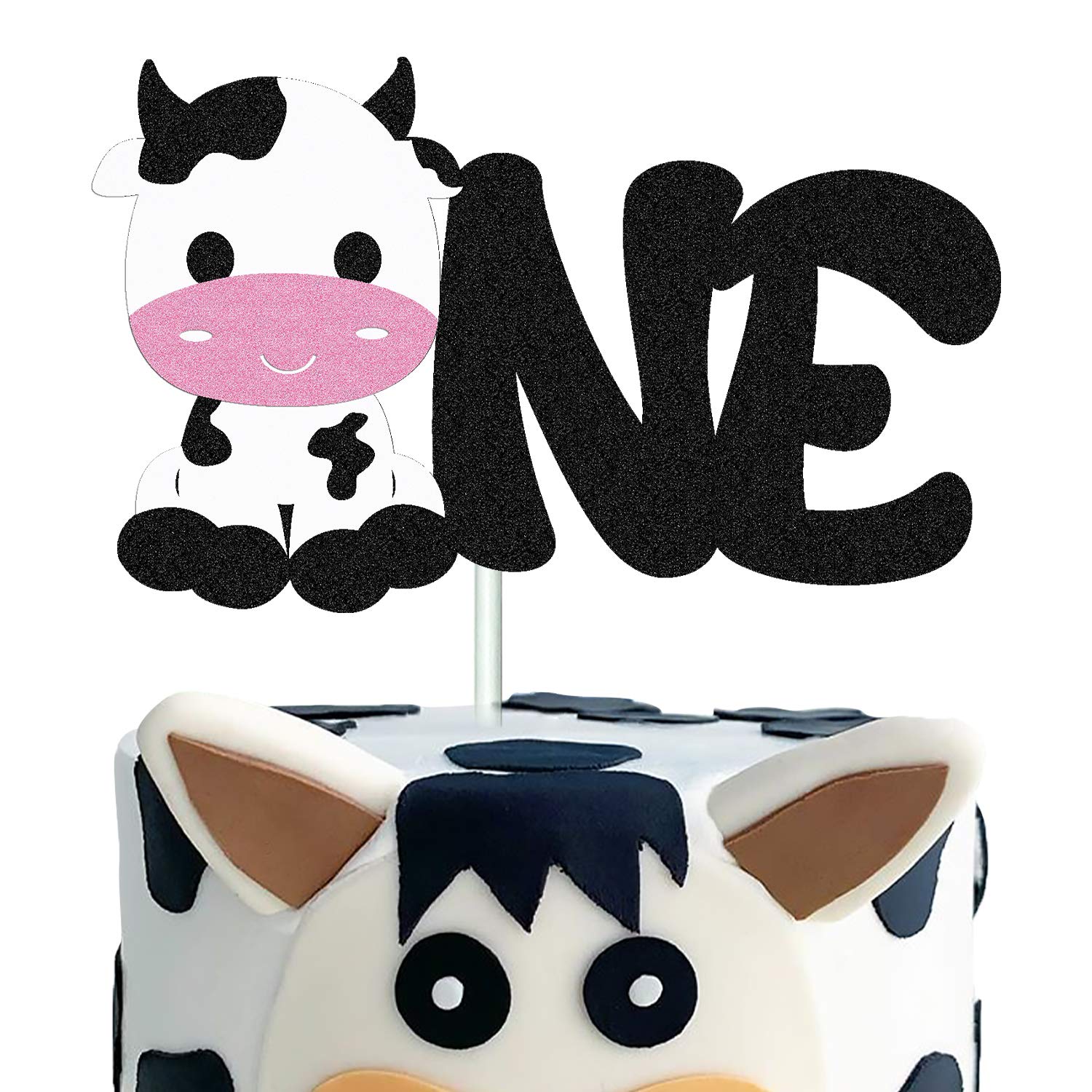 Happy 1st Birthday Cow Cake Topper - Double Sided Black Sparkle Farm Animal Cake Decorations for Cow Themed Birthday Parties, Zoo Celebrations & First Year Milestones - Perfect for Baby Showers, Farm Birthday Cakes & Nursery Decor