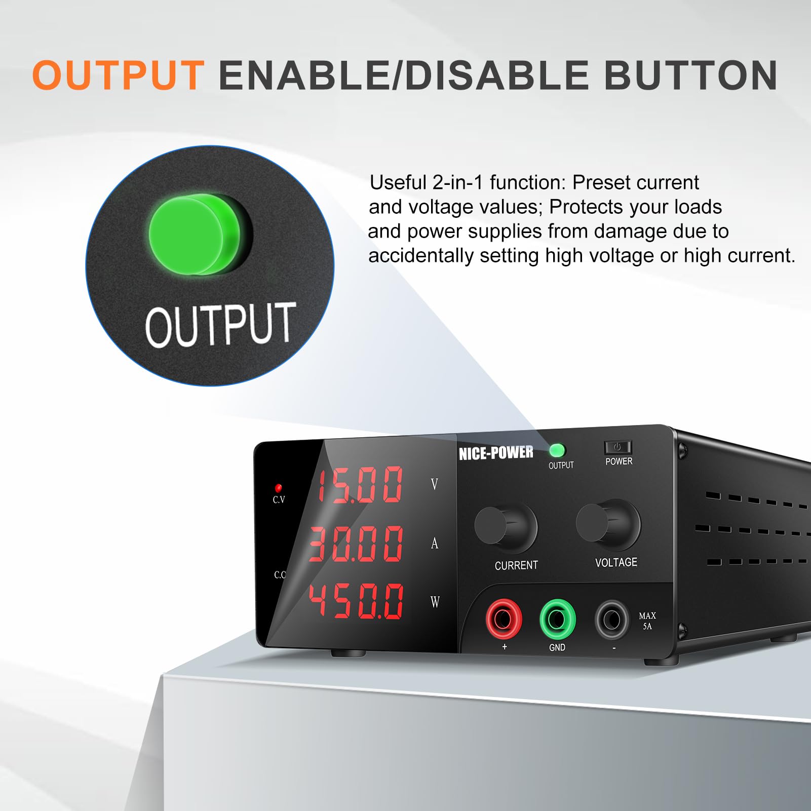 NICE-POWER 450W Adjustable DC Power Supply, 15V 30A Variable Lab Bench Power Supply with Encoder Knob & Output Switch - Precision Switching Regulated Power Supply for Electronics Repair, Testing, and DIY Projects | Ideal for Home Labs, Workshops, and Professional Use