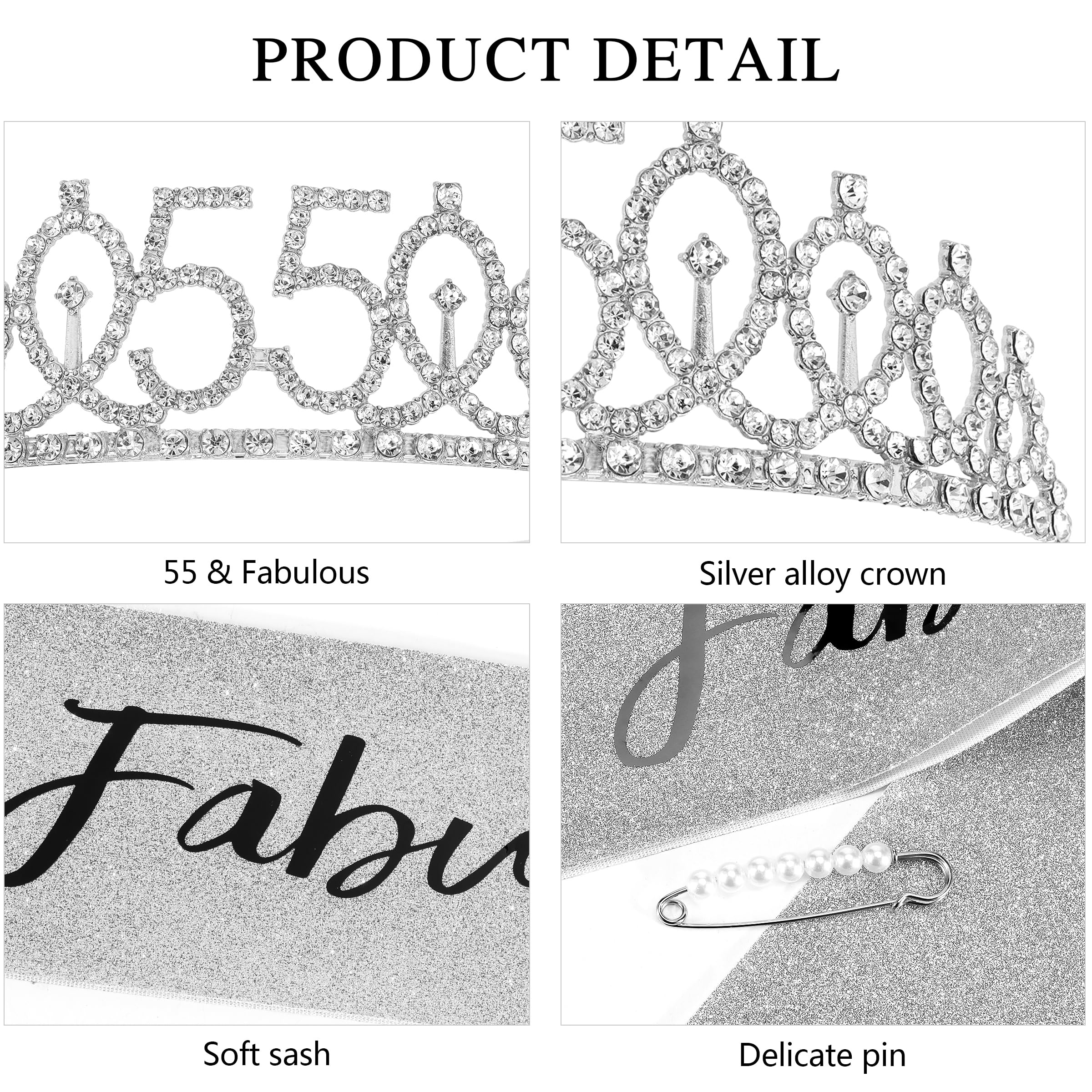 55th Birthday Sash & Tiara Set - Elegant Silver Birthday Crown for Women - Perfect 55th Birthday Gift & Party Decorations - Great for Milestone Celebrations, Birthday Parties & Photo Shoots