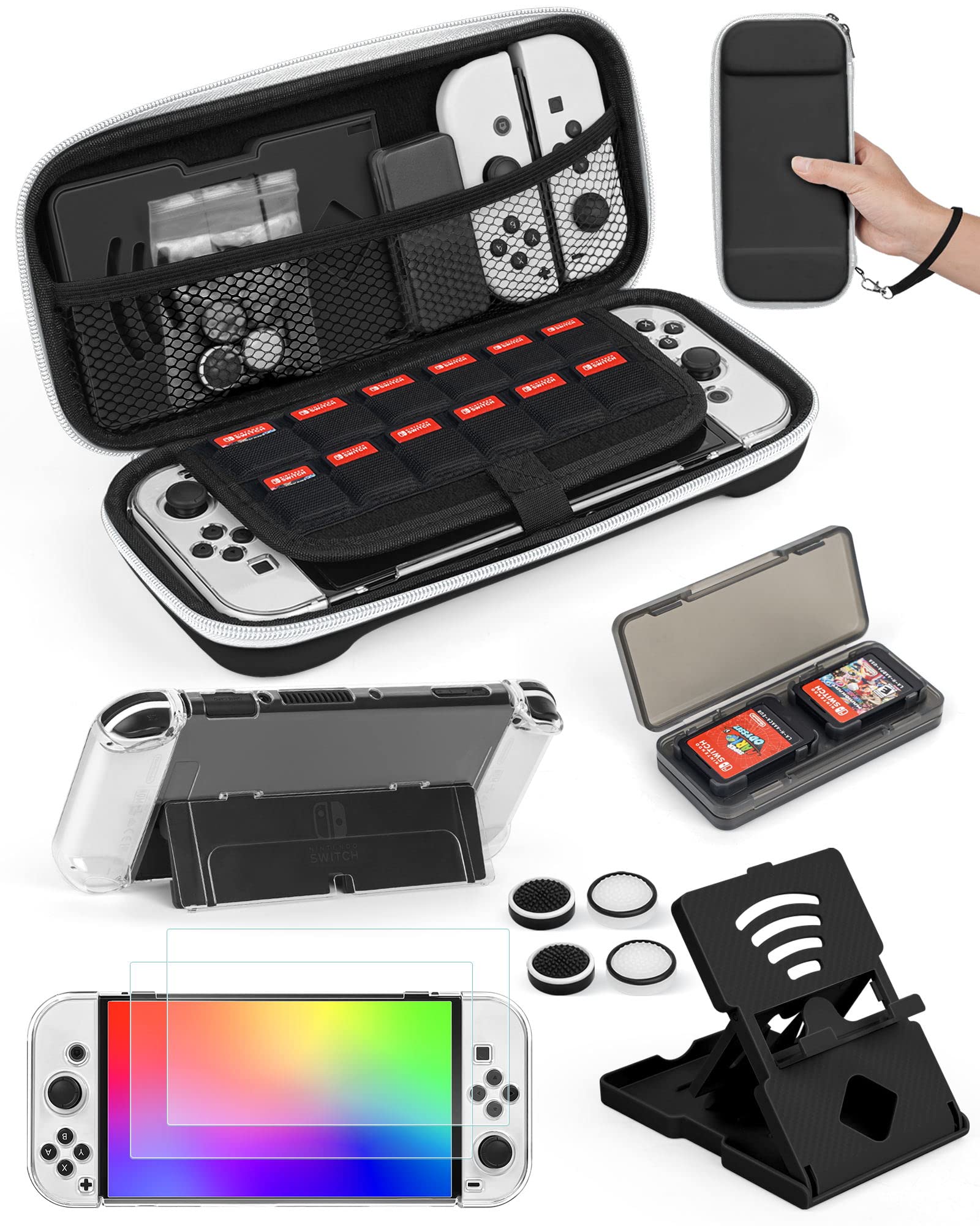 Nintendo Switch OLED Carrying Case with Protective Cover - Portable Storage Case for Switch OLED, Includes 2 Tempered Glass Screen Protectors, Adjustable Stand, 4 Thumb Grip Caps & Game Card Holder (Black) - Perfect for Travel, Commuting & Gaming On-The-Go