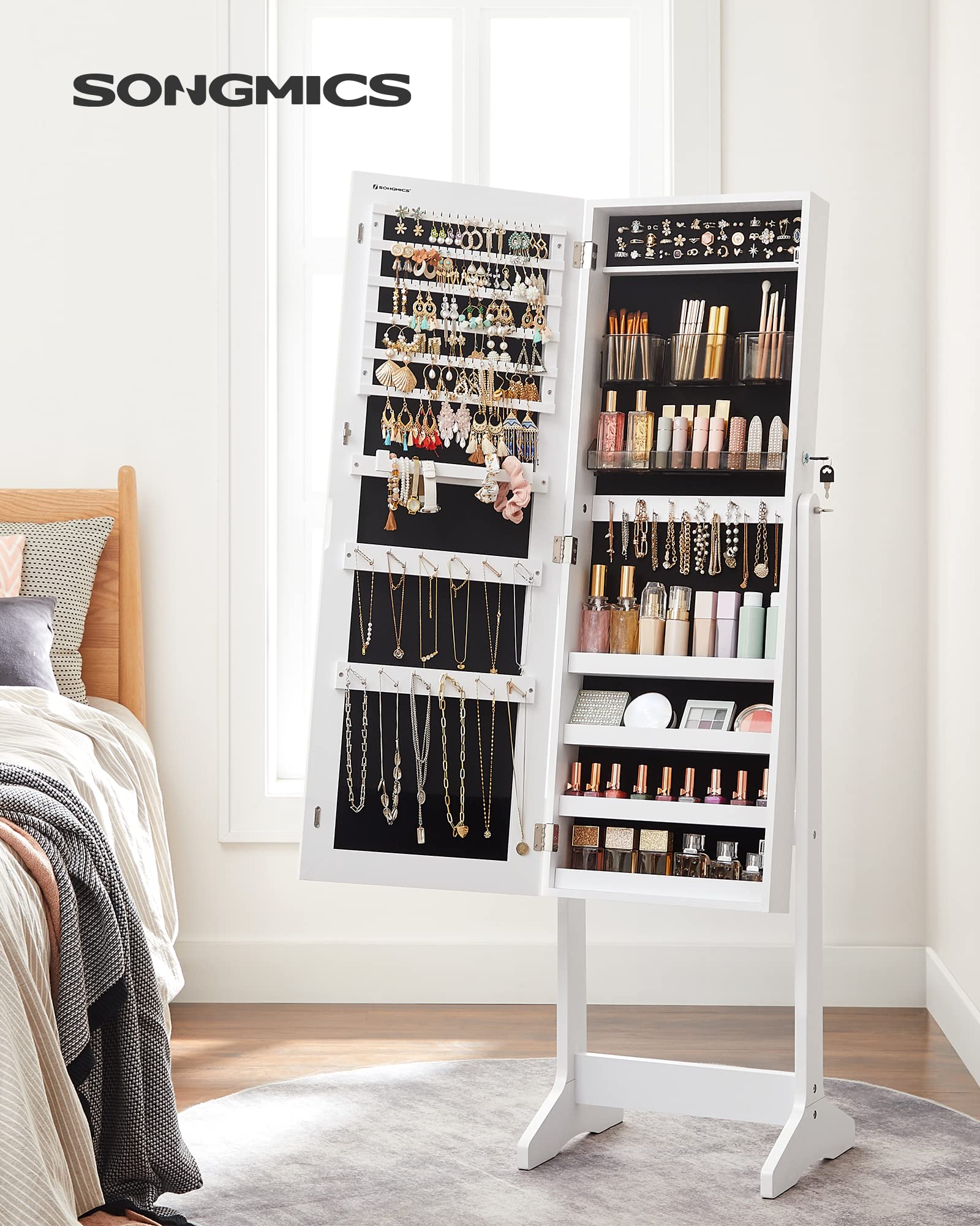 SONGMICS Jewelry Cabinet Armoire with Lock - Freestanding Jewelry Organizer with 2 Cosmetic Drawers & Full-Length Mirror - Necklace & Earring Storage - White UJJC002W01 - Perfect for Bedroom, Dressing Room & Closet Organization
