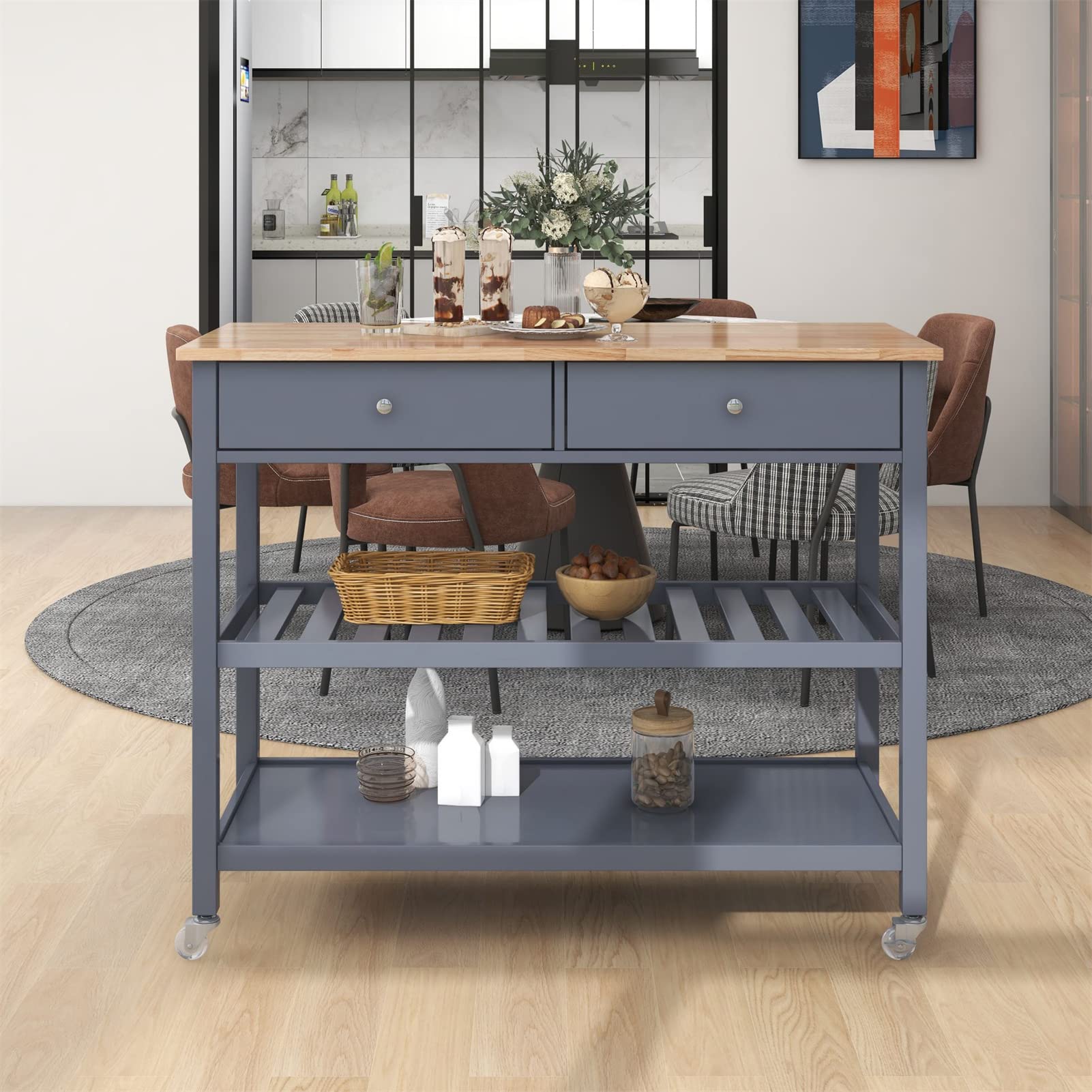 Premium Bamboo Kitchen Cart with Stainless Steel Top - Mobile Kitchen Island with 2 Drawers, Open Shelves & Locking Wheels - Solid Wood Frame in Blue - Perfect for Small Spaces, Food Prep, and Extra Storage