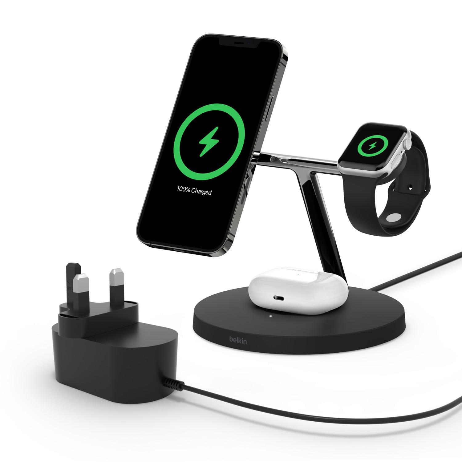 Belkin BoostCharge PRO 3-in-1 Wireless Charger with MagSafe for iPhone 15/14/13/12 & Apple Watch & AirPods - Fast 15W Magnetic Charging Station for Home, Office & Travel