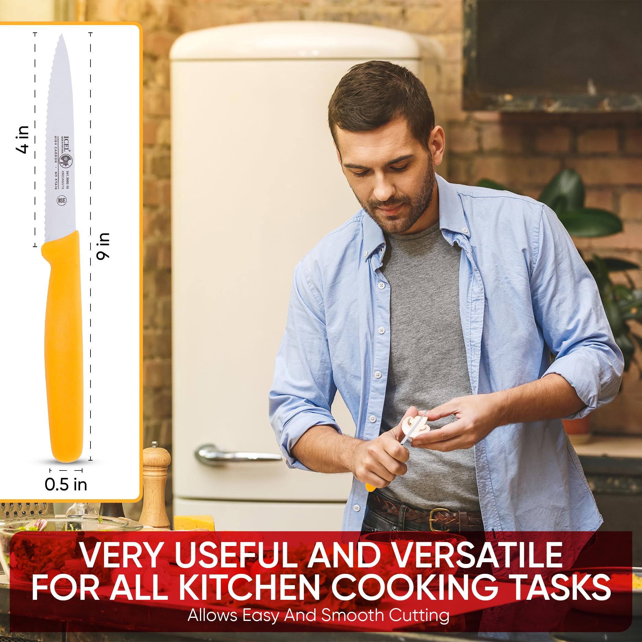 Light 'n' Mighty Serrated Paring Knife – 4-inch Stainless Steel Kitchen Knife for Meal Prep – Sharp Small Paring Knife with Yellow Handle – Perfect for Peeling, Slicing Fruits & Vegetables