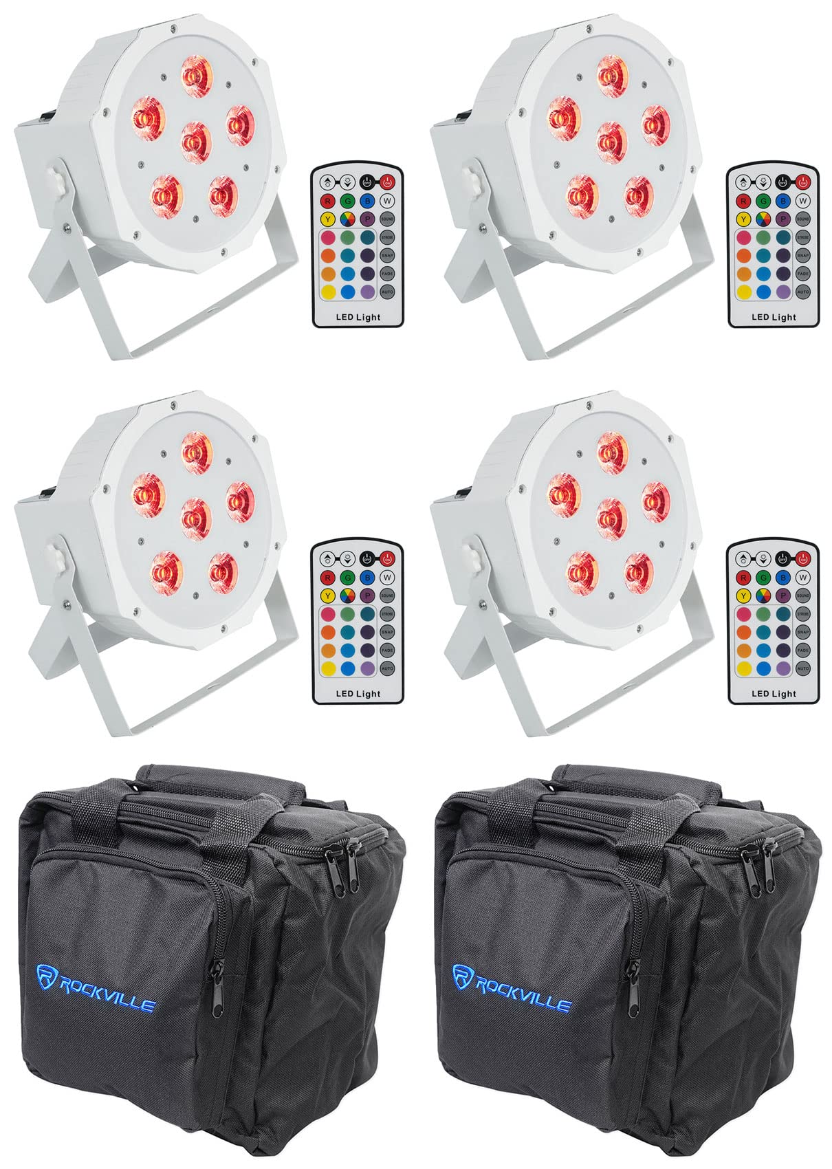 Rockville 4-Pack Rechargeable Wireless DMX PAR 6RF White Lights with Remotes & Carrying Bags – Perfect for Stage Lighting, DJ Shows, and Live Events