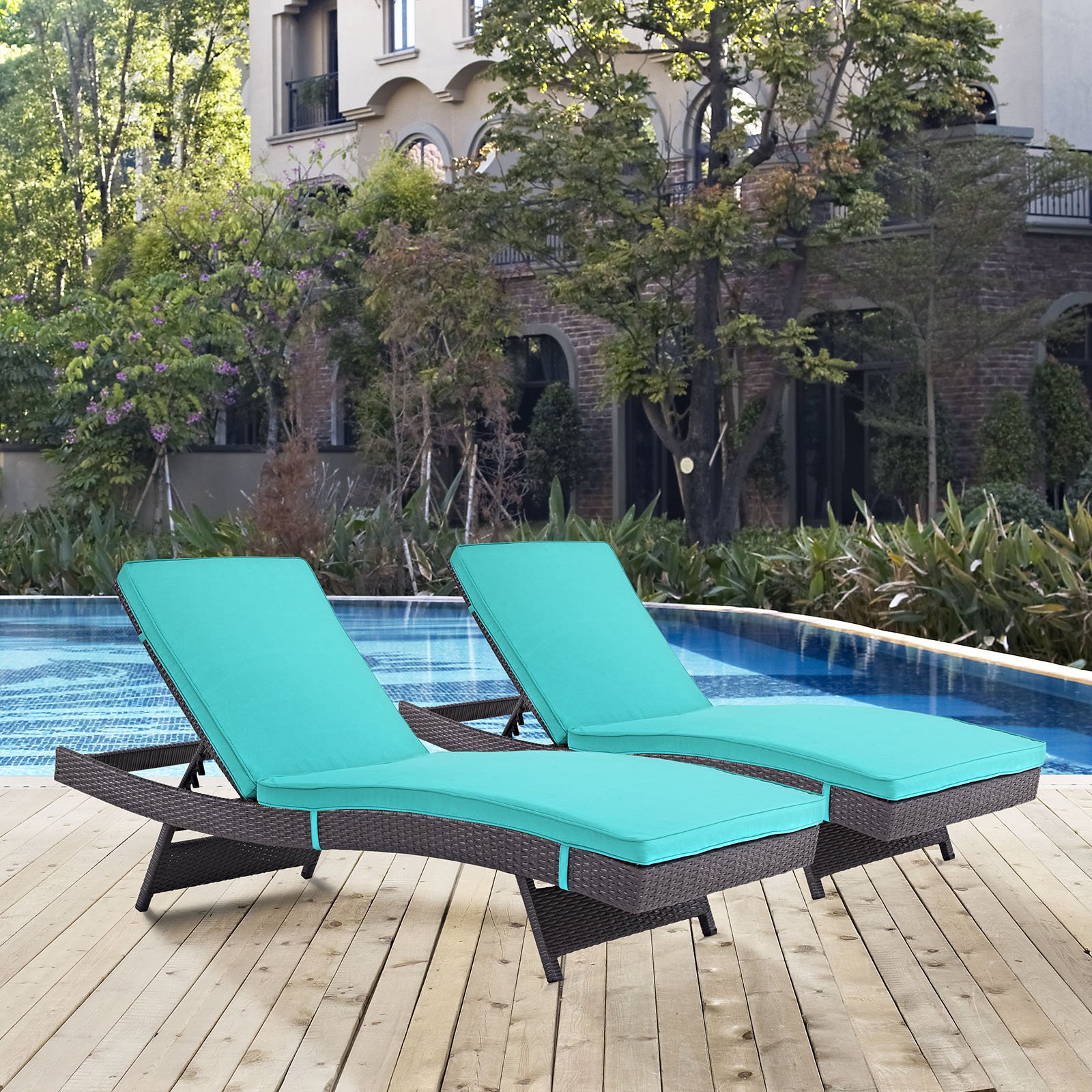 Modway Convene Wicker Rattan Outdoor Patio Chaise Lounge Chairs Set of 2 - Espresso & Turquoise Color for Poolside, Garden, and Backyard Relaxation