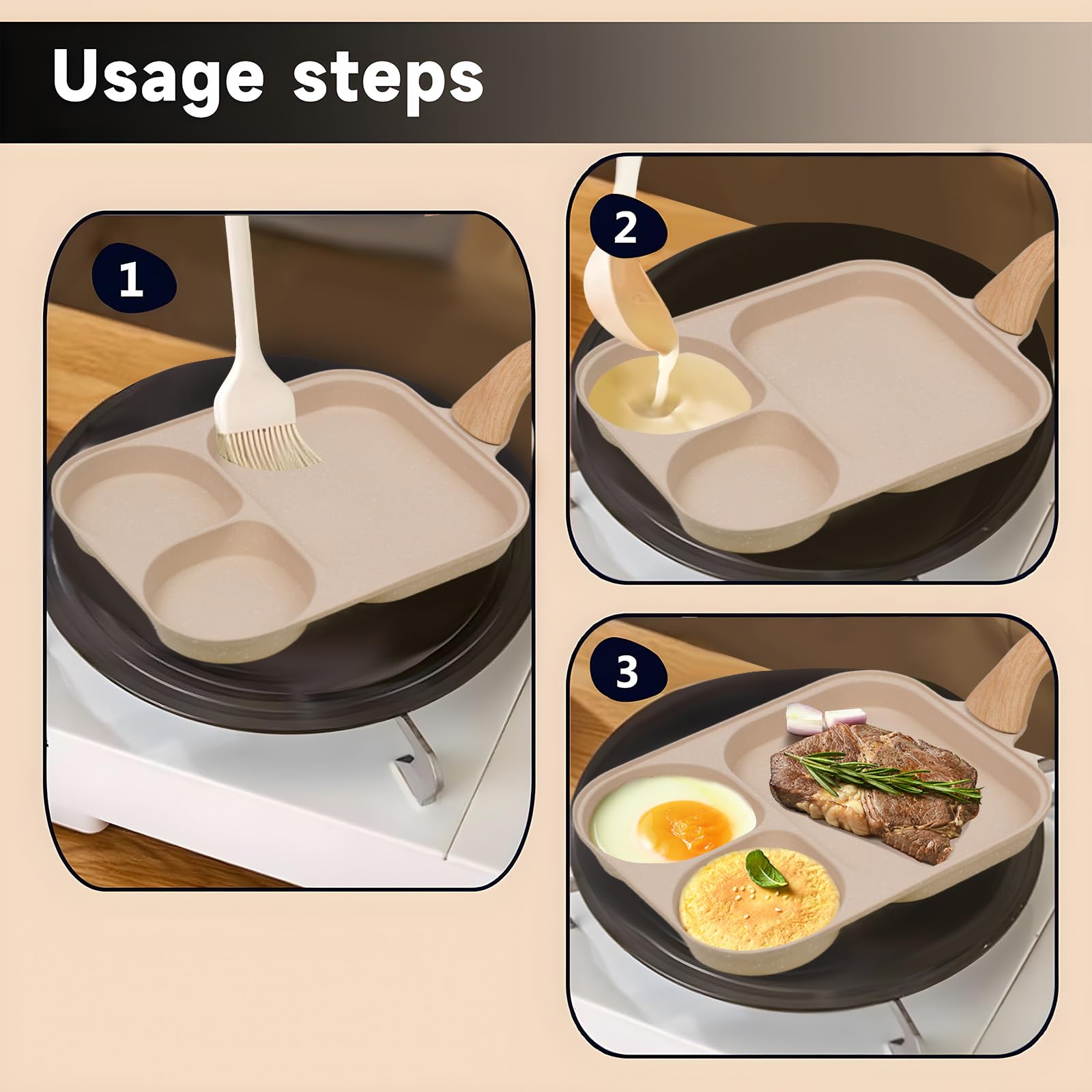 3-Cup Nonstick Omelette Skillet - Egg Frying Pan for Healthy Breakfast, Pancakes, Hamburgers & Bacon - Easy to Clean with Detachable Bakelite Handle - Compatible with Gas Stove & Induction Cooktop - Perfect for Home Cooking, Camping & RV Kitchens (2-Pack)