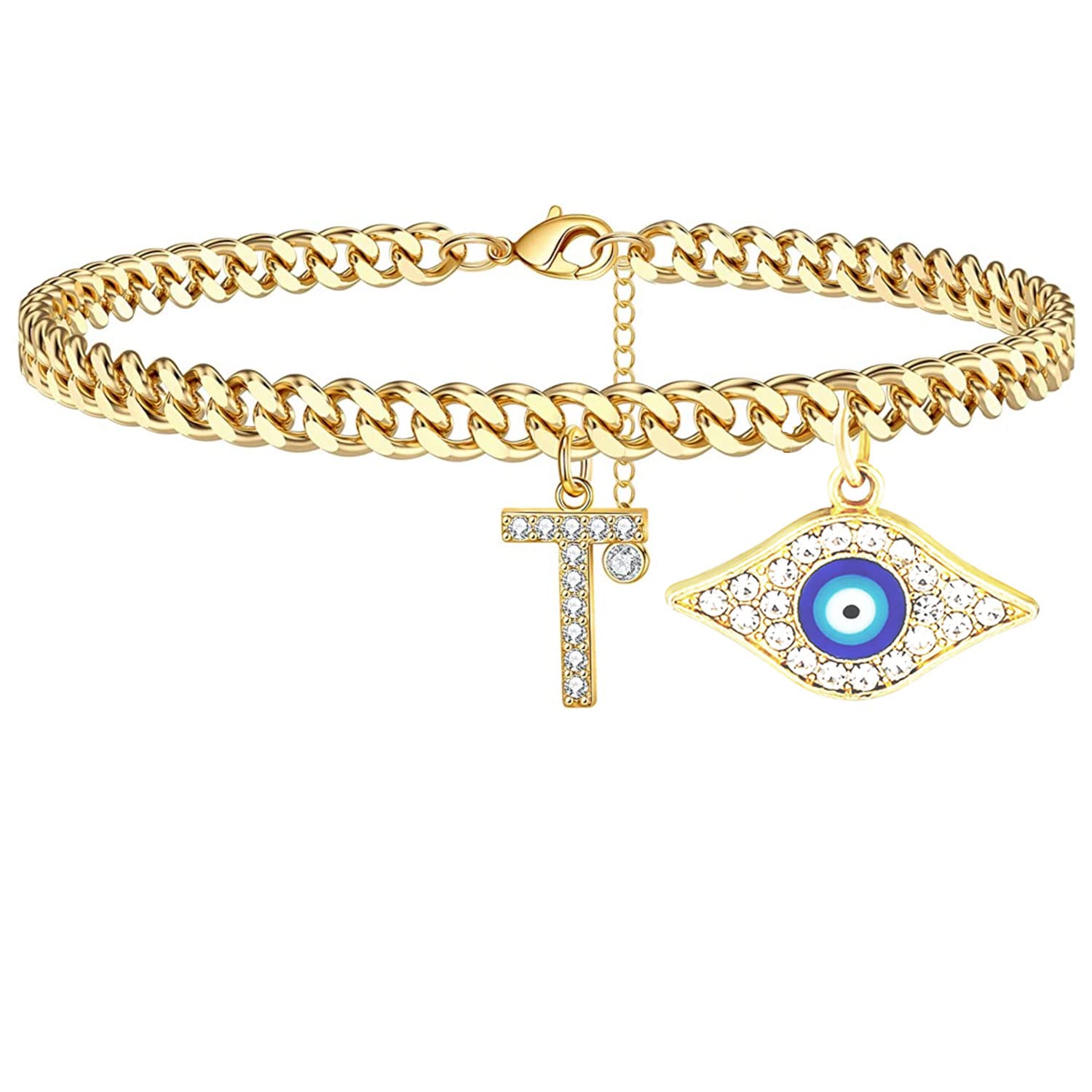 18K Gold Plated Dainty Cuban Link Initial Anklet for Women - CZ Letter Evil Eye Ankle Bracelet, Summer Jewelry Gift for Teen Girls & Women | Perfect for Beach Vacations, Date Nights & Everyday Wear