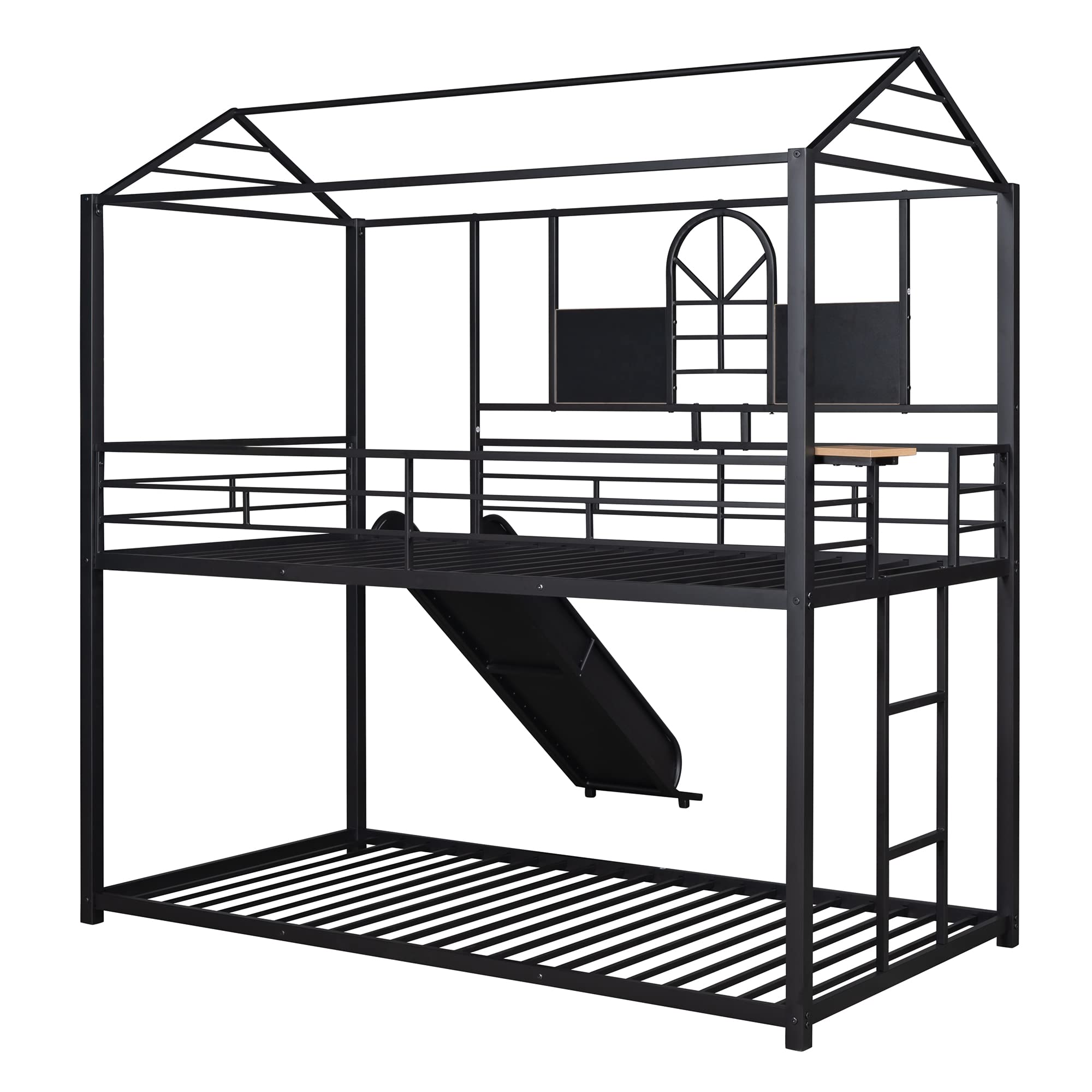 SOFTSEA Twin Over Twin Metal Bunk Bed with Slide for Kids, Teens & Toddlers - Sturdy Floor House Bunk Bed, No Box Spring Needed (Black Frame & Black Slide) - Perfect for Small Bedrooms, Shared Kids' Rooms & Sleepovers