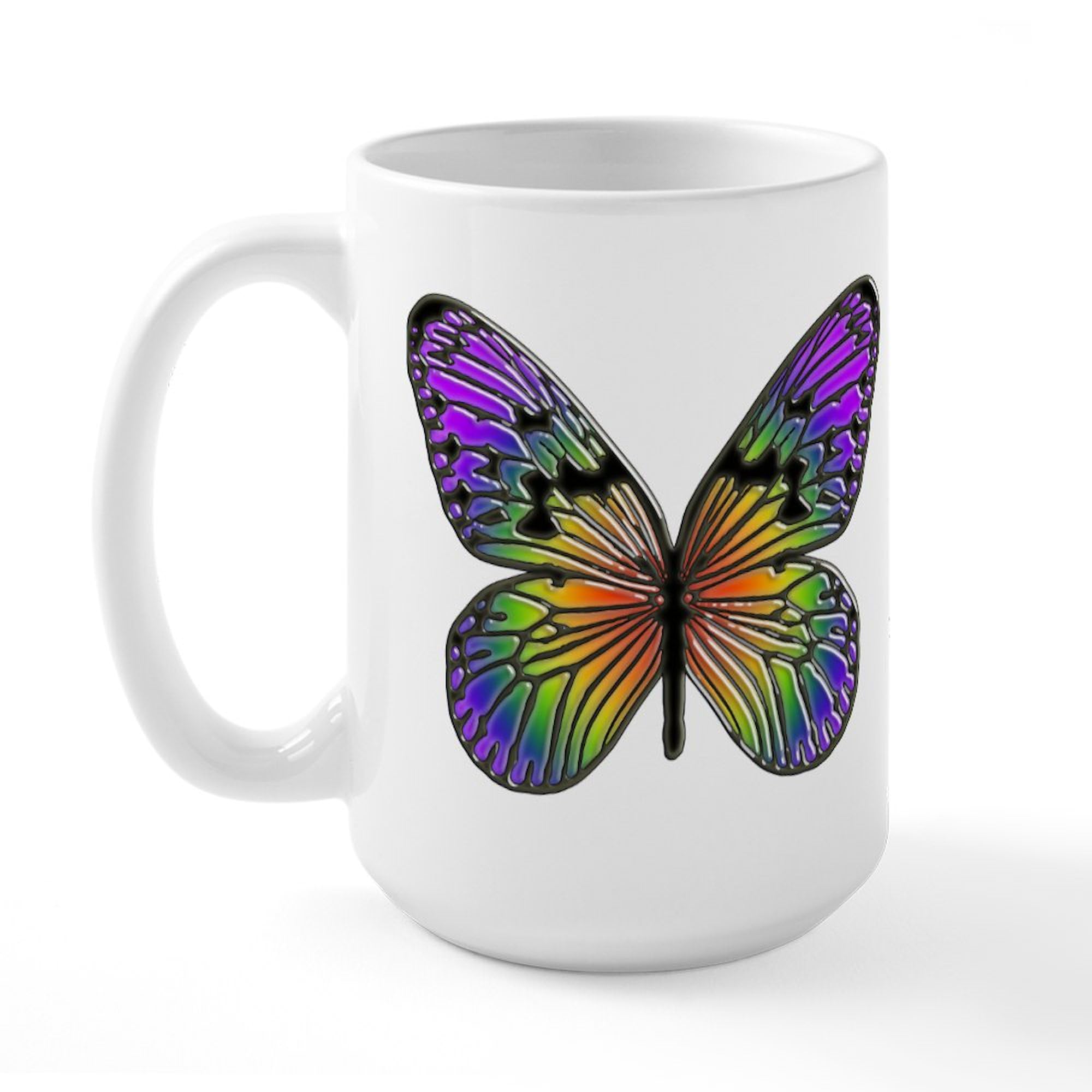 Rainbow Butterfly Large Coffee Mug - 15 oz White Ceramic Cup for Tea, Hot Chocolate & Office Use - Unique Gift Idea for Women & Men