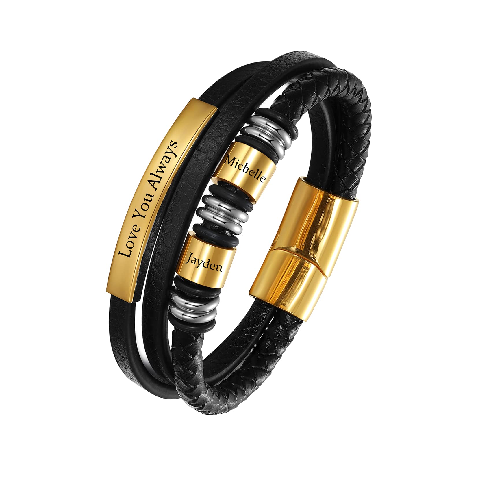 Custom Engraved Men's Leather Bracelet with 2-4 Name Beads - Personalized Gift for Dad, Son, Boyfriend & Husband - Perfect for Father's Day, Anniversary & Birthday Gifts