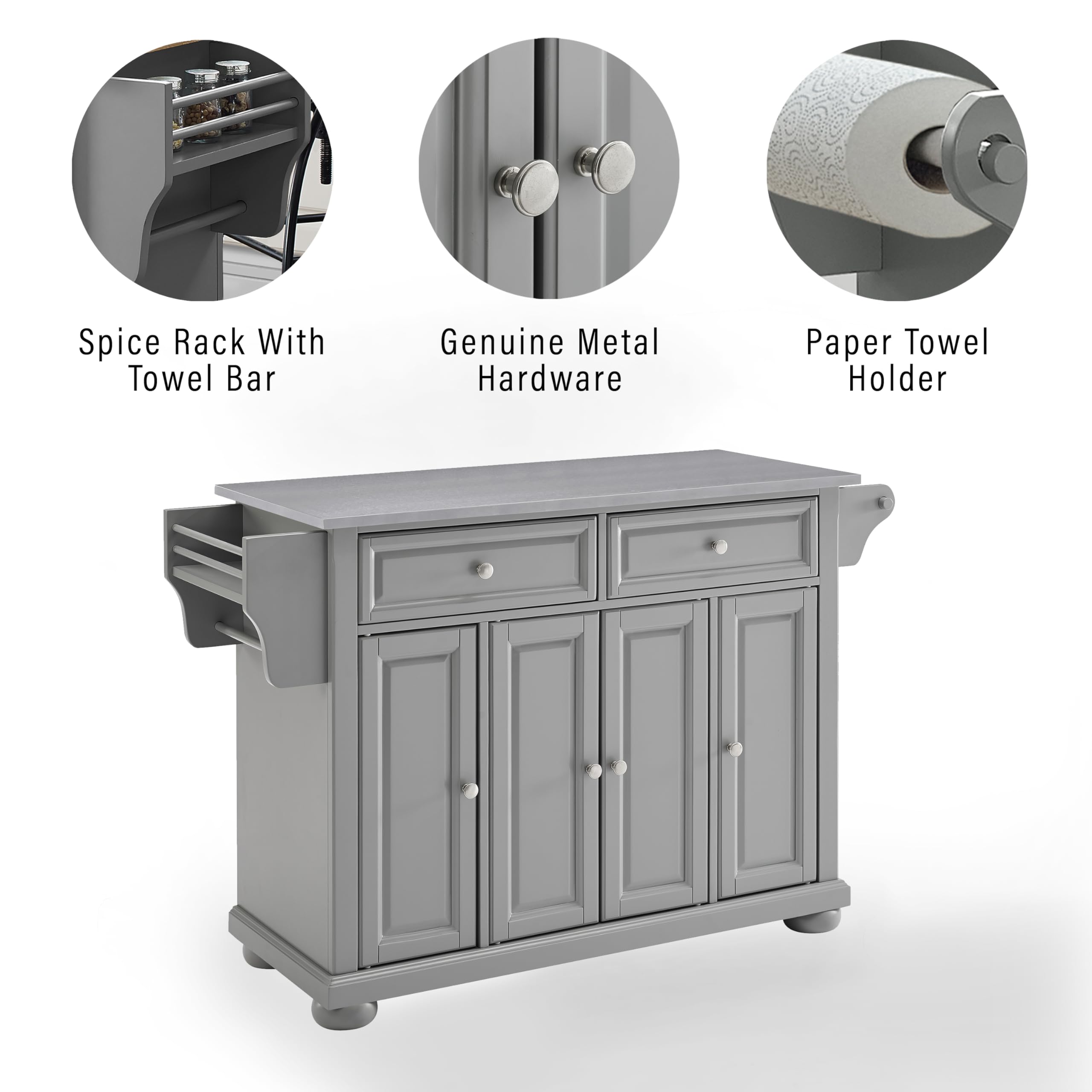 Crosley Alexandria Stainless Steel Rolling Kitchen Island Cart with Storage - Microwave Stand, Gray | Mobile Prep Station for Small Kitchens & Dining Areas