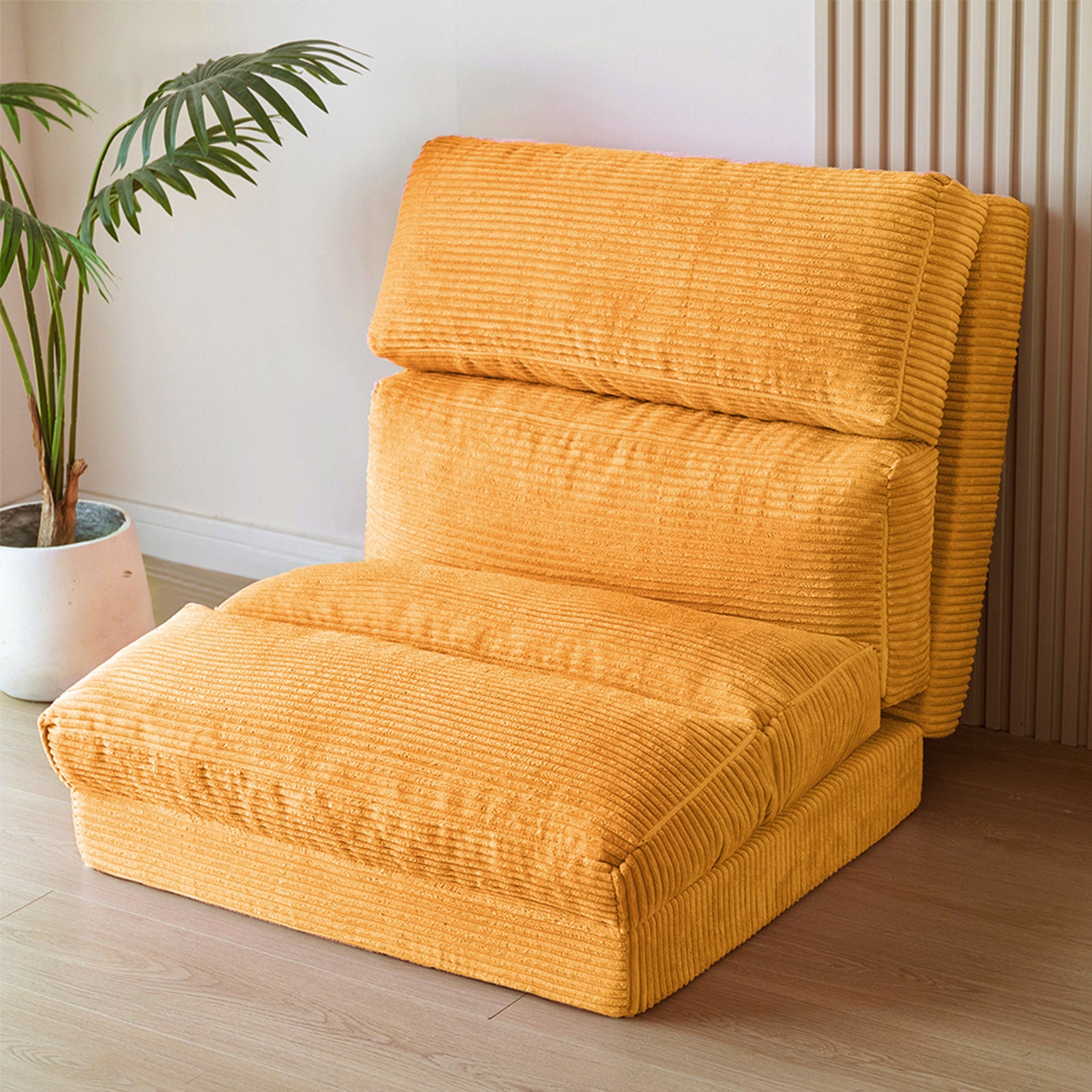 MAXYOYO Corduroy Extra Wide Foldable Bean Bag Sofa Bed - Convertible Floor Mattress for Living Room, Bedroom & Guest Room (Orange)