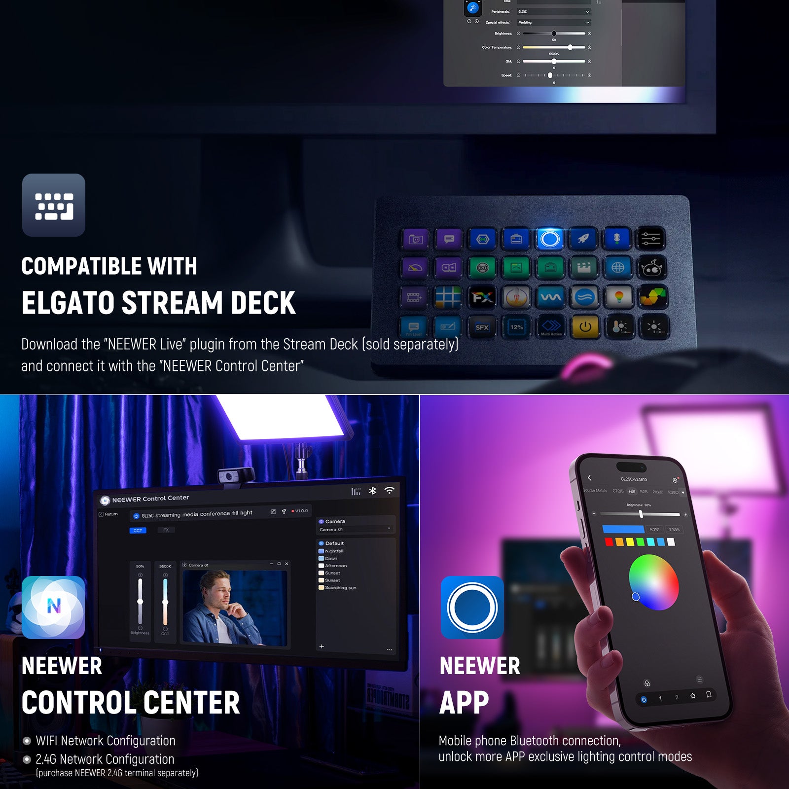 NEEWER GL25C LED RGB Streaming Key Light - Professional Lighting for YouTube, Twitch, Gaming & Video Content Creation - Perfect for Live Streaming, Home Studio & Video Conferencing