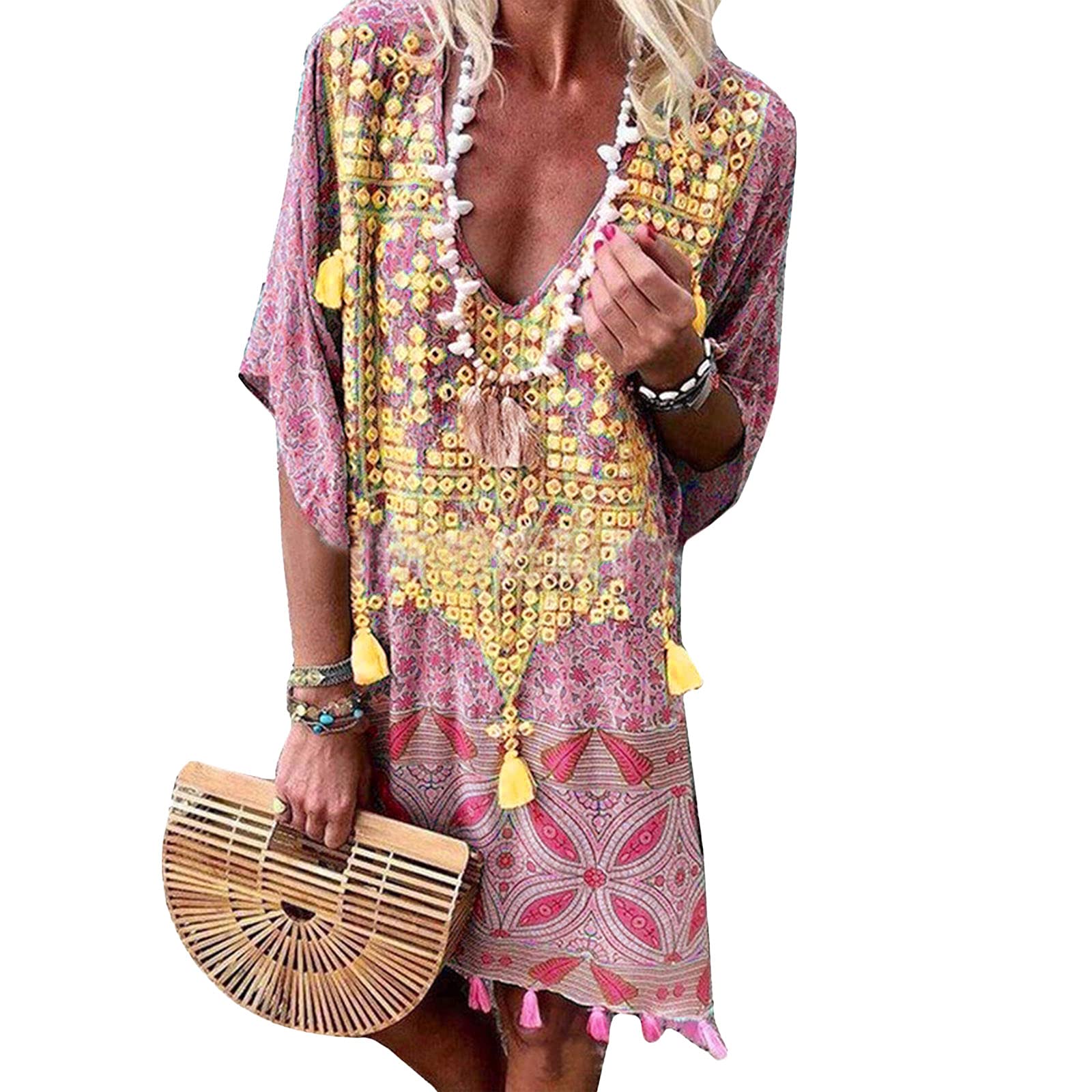 MITCOWBOYS Women's Oversized V-Neck Printed Tunic Swing Dress - Summer Holiday Party Midi Dress in White | Casual Wear, Beach Cover Up, Vacation Outfit
