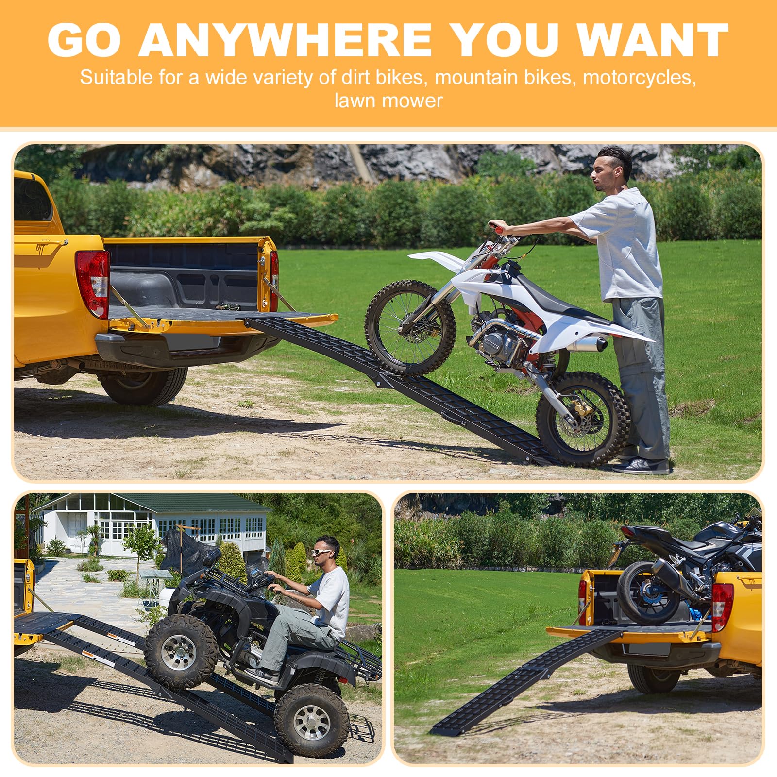 Gardhom 2PCS 7.5' Heavy Duty Aluminum Folding Ramps - 3000lbs Capacity Loading Ramps with Handle for ATV, UTV, Pickup Trucks, Motorcycles, Dirt Bikes, Lawn Mowers & Snow Blowers | Perfect for Garage, Warehouse & Off-Road Loading