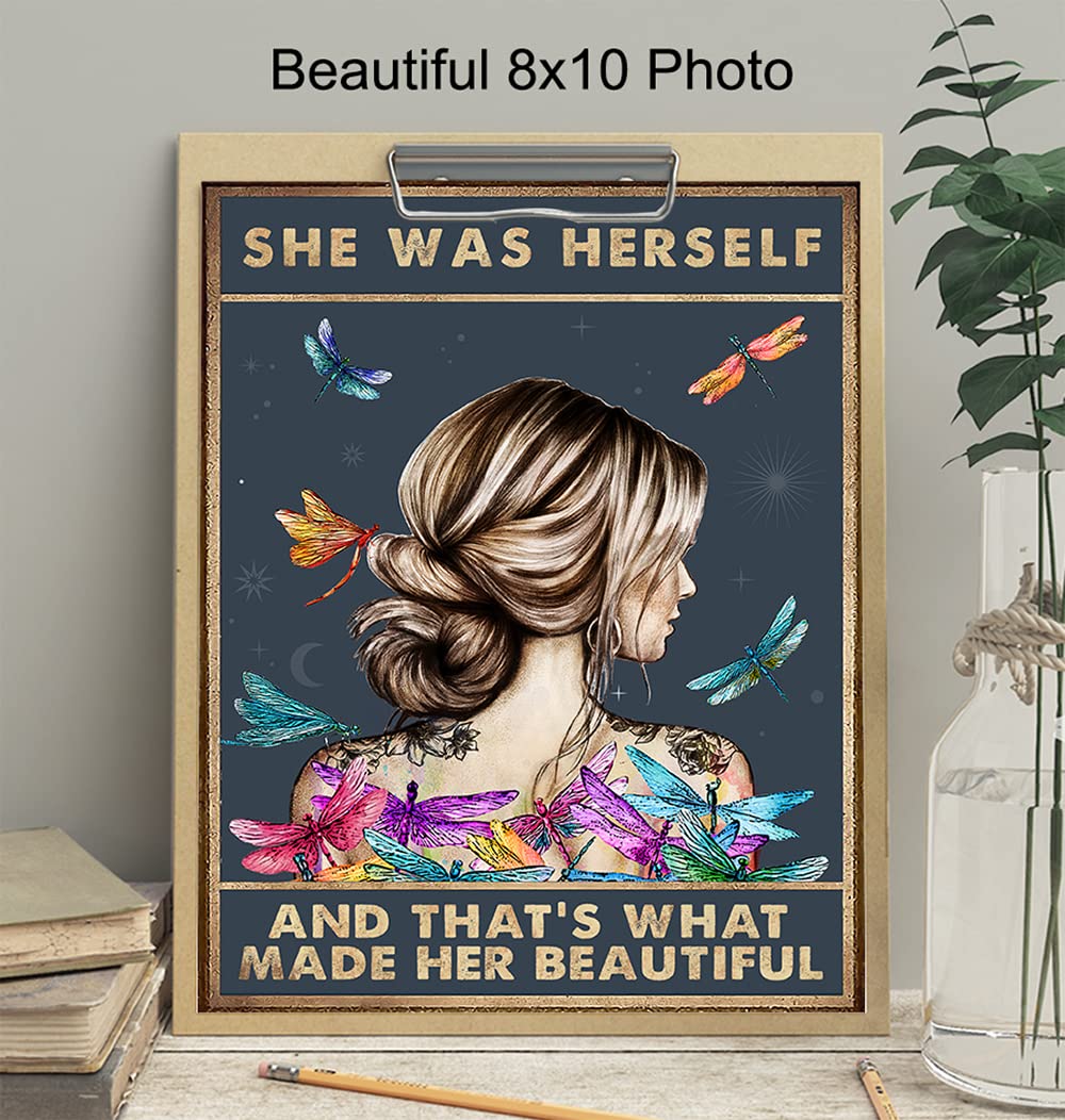 Positive Quotes Wall Art - Uplifting Inspirational Sayings Decor - Encouragement Gifts for Women & Teen Girls - Boho Bohemian Dragonfly Bedroom Poster - Motivational Wall Sign for Home Office, Living Room & Dorm Decor