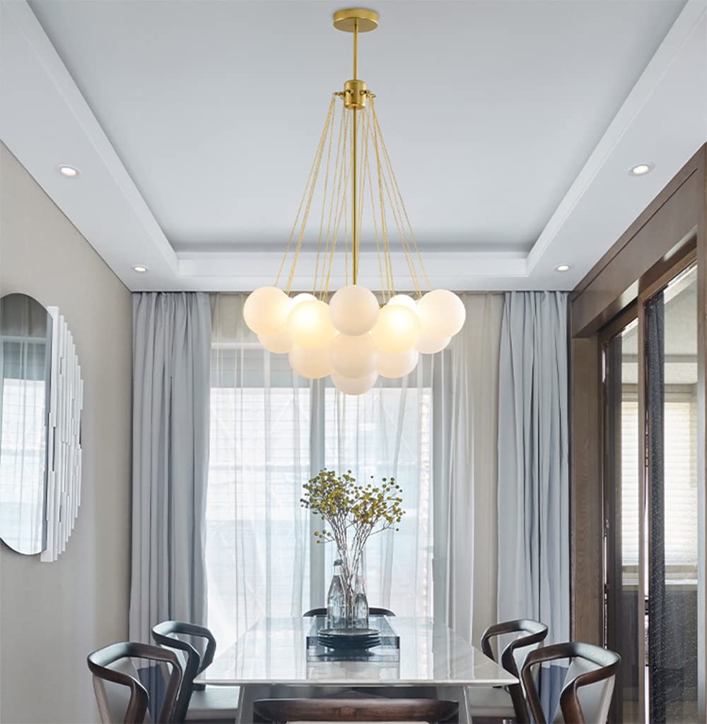 Modern White Frosted Glass LED Pendant Light - 19 Balloon Design Chandelier for Living Room & Dining Room - Gold Finish 110V-120V - Perfect for Home, Restaurant and Office Lighting Decor