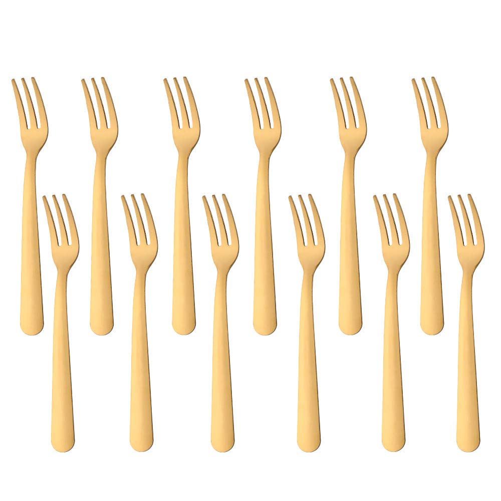 12-Piece Stainless Steel Gold Fruit Forks Set - 5.5 Inch Salad Pastry Oyster Forks, Elegant Flatware for Parties, Picnics, Weddings & Home Dining