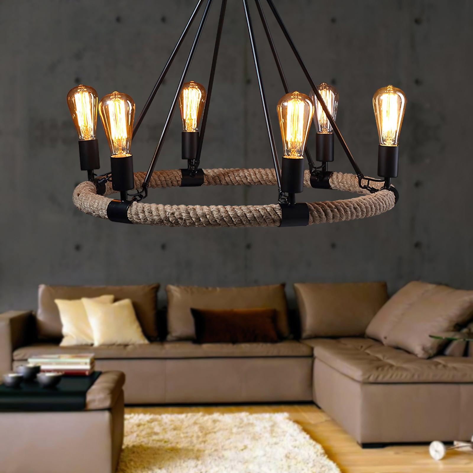 Industrial Hemp Rope Large Circle Chandelier - Farmhouse Rustic Ceiling Light Fixture for Dining Room, Living Room, Bedroom Decor