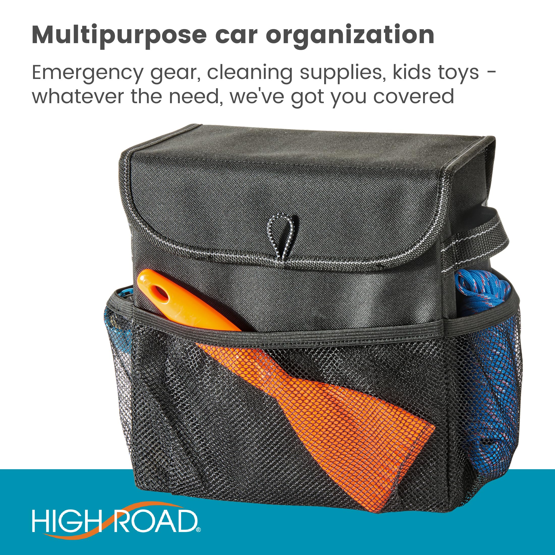High Road Car Organizer with Lid - Multipurpose Car Storage Box for Front or Back Seat, Auto Console & Trunk - Universal Fit All Vehicles | Perfect for Road Trips, Grocery Storage & Kids' Toy Organization