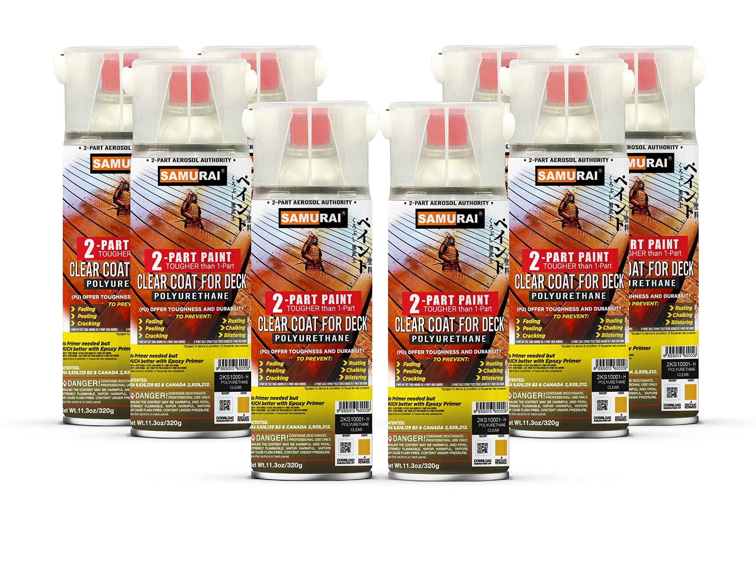 Premium SAMURAI 2-Part Polyurethane Clear Coat Spray Paint for Decks - High Gloss Protective Finish (8-Pack) - Ideal for Outdoor Wooden Surfaces, Patio Furniture & Marine Applications