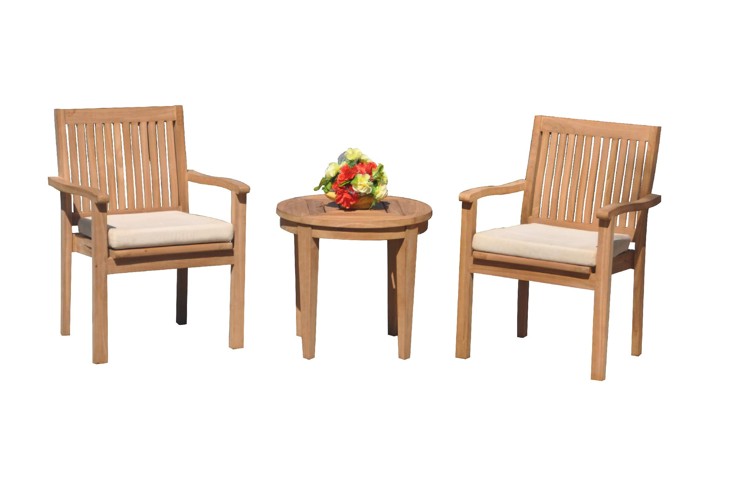 Premium 2-Seater Teak Wood Dining Set with Round Side Table & 2 Stackable Arm Chairs - Solid Grade-A Teak Furniture for Patio, Garden, or Indoor Dining - WHDSLV