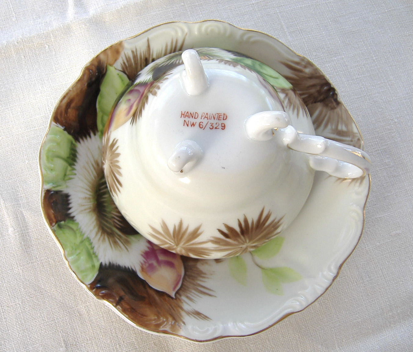 Vintage Japanese Hand-Painted Chestnut Cup and Saucer Set with Three Feet - 1920s-1930s Antique Tea Set for Collectors & Afternoon Tea Parties
