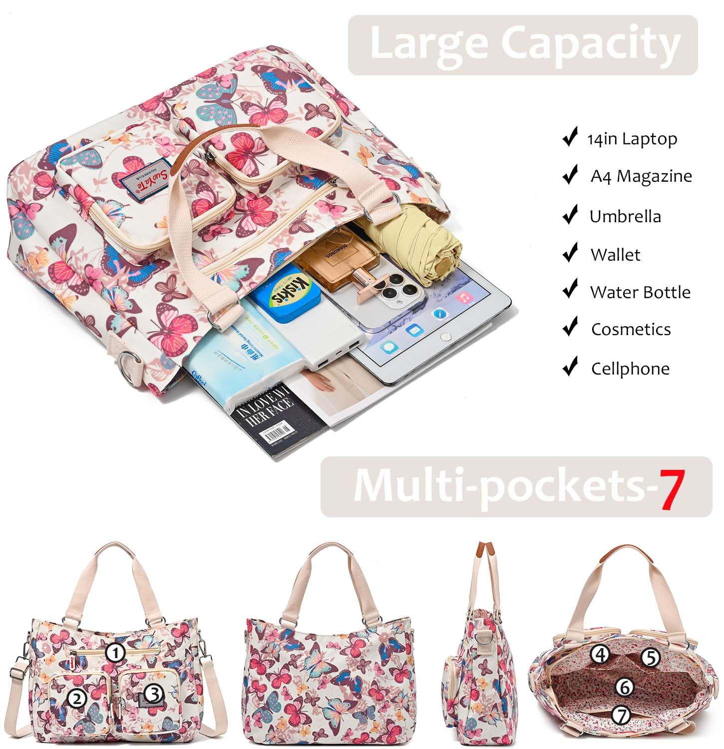 Women's Waterproof Nylon Utility Tote Bag - Multi-Pocket Work Shoulder Bag for Teachers, Nurses & Professionals | Durable Teacher Purse & Nurse Handbag for Office, Hospital & Daily Commute