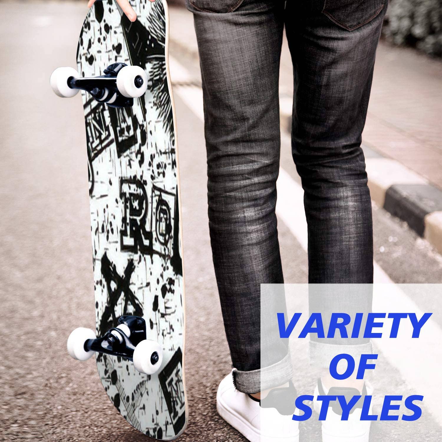 Abstract Black & White Punk Skull & Guitar Skateboard Deck - Classic Concave Design for Longboard & Street Skating | Perfect for Beginners, Pros & Extreme Sports Enthusiasts | Cool Teen Gifts for Skate Parks, Urban Commuting & Freestyle Tricks