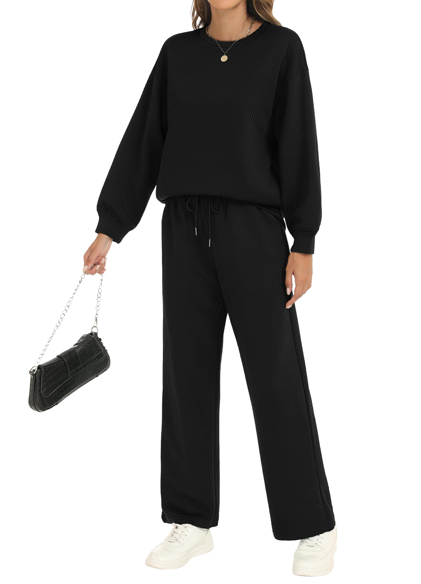 Women's 2-Piece Fall Outfit Set - Long Sleeve Pullover Top & Drawstring Wide Leg Pants Soft Lounge Wear for Casual Comfort | Perfect for Home, Travel & Relaxation