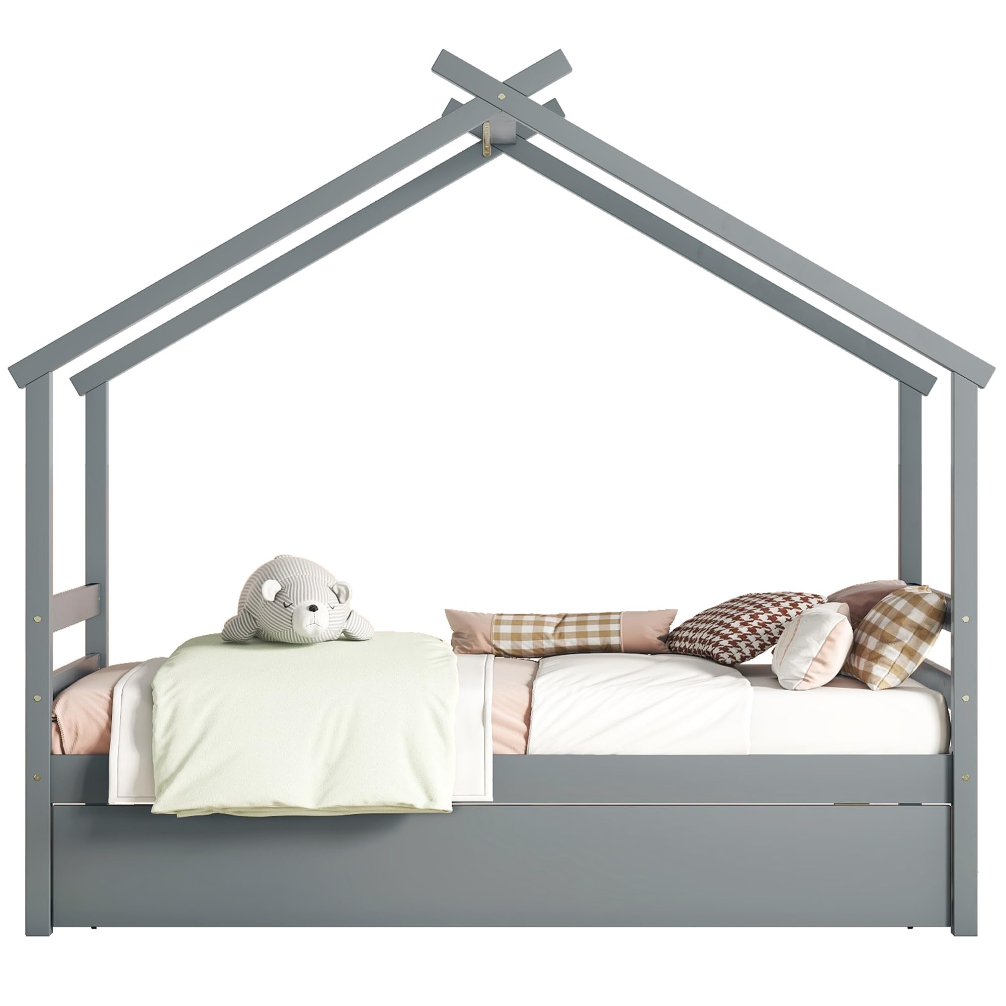 Montessori Twin House Bed with Trundle - Solid Wood Playhouse Bed Frame with Slats Support for Kids, Teens, Boys & Girls - Gray - Perfect for Bedrooms, Playrooms & Montessori Learning Spaces