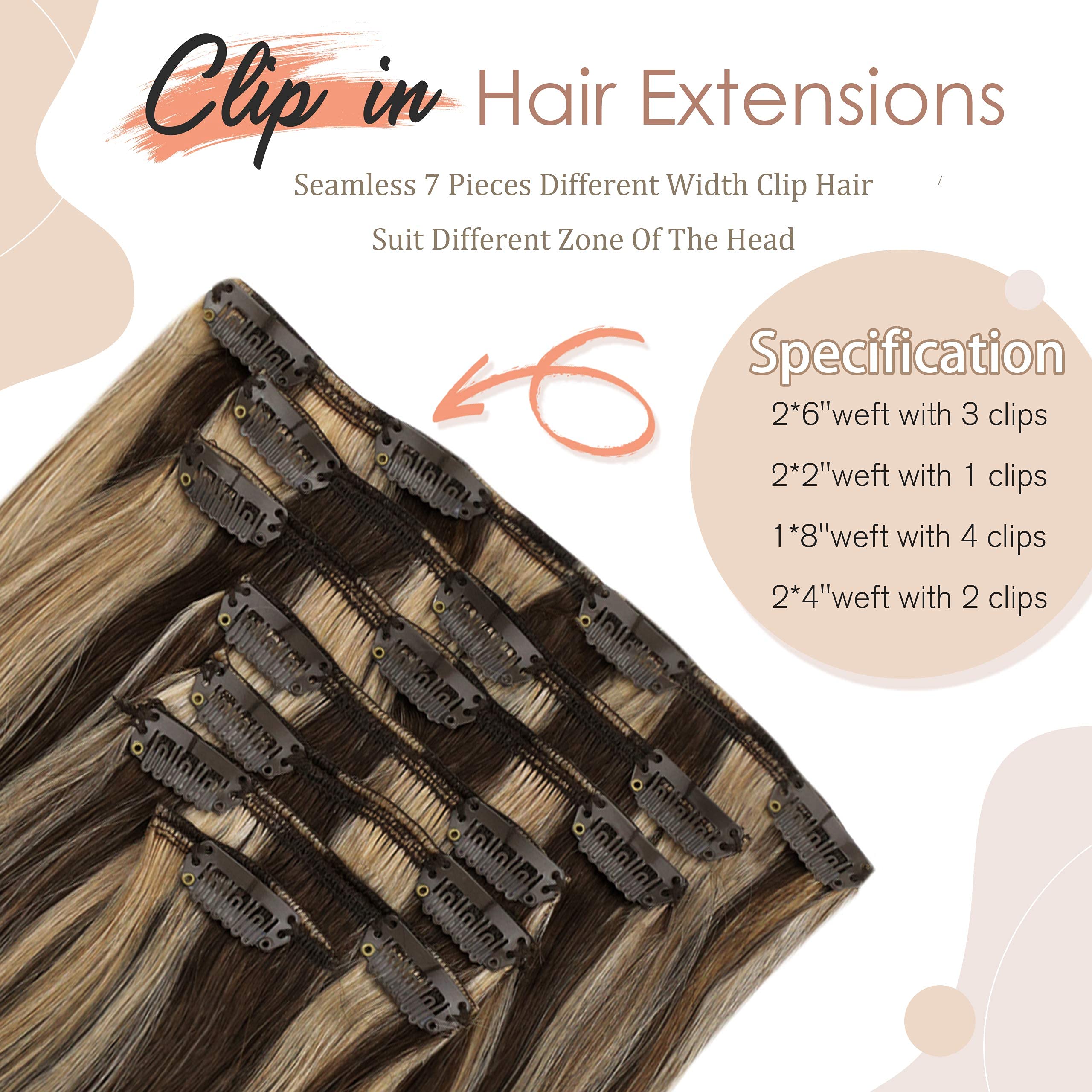 Hetto 14'' #4/27 Brown Highlights Blonde Human Hair Clip-In Extensions - Double Weft Thick Hairpieces for Curly & Straight Styles - Perfect for Parties, Weddings & Daily Styling