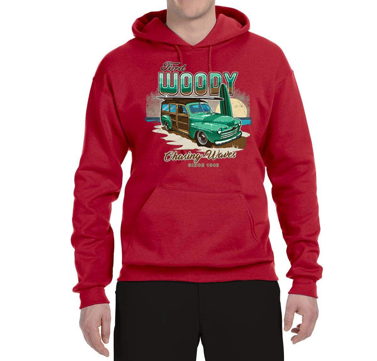 Wild Bobby 1946 Vintage Ford Woody Surfing Waves Graphic Hoodie - Retro Car & Truck Unisex Sweatshirt - Perfect for Beach Outings & Car Enthusiast Fashion