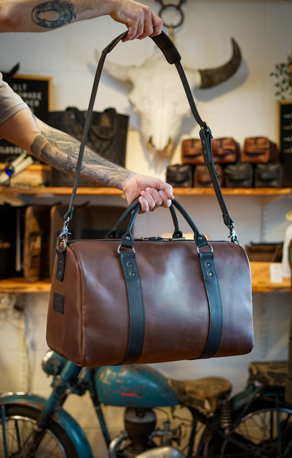 Premium Overnight Duffle Bag for Travel & Gym - Dark Amber Harness with Flat Black Accents - Perfect for Weekend Trips, Workouts & Business Travel