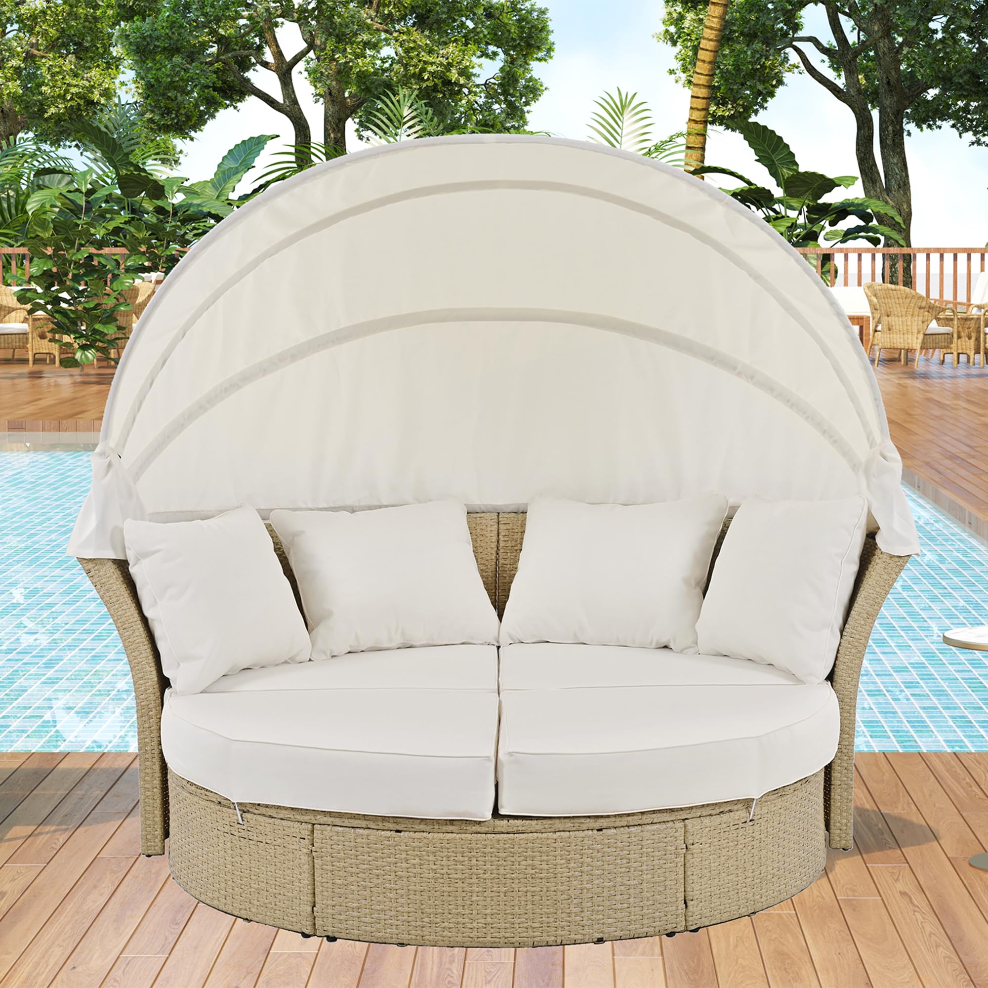 P PURLOVE Outdoor Canopy Bed Patio Daybed with 4 Pillows - Wicker Rattan Double Daybed Round Sofa Set with Retractable Canopy - 2-Person Patio Furniture for Lawn, Garden, Backyard, Poolside (Beige) - Perfect for Relaxing, Sunbathing & Outdoor Lounging