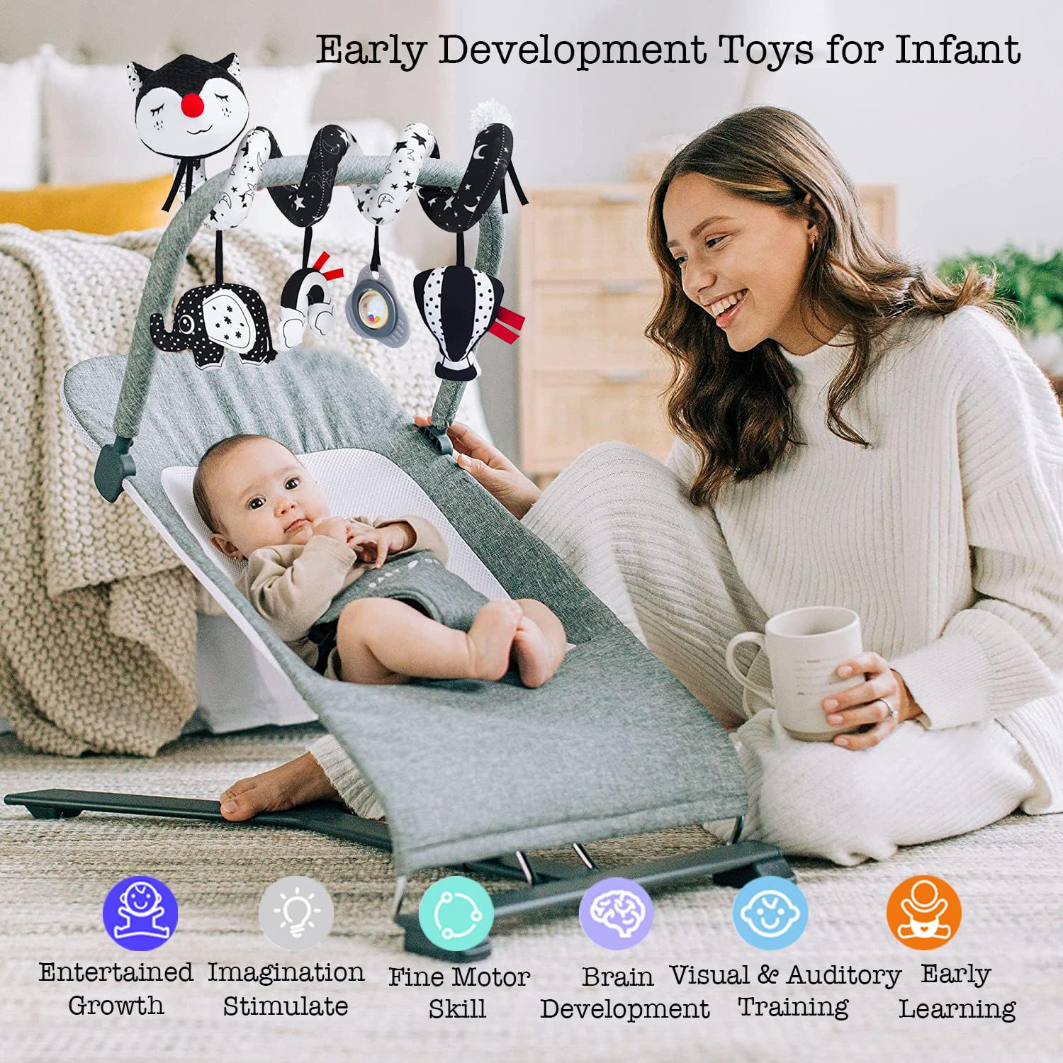 High Contrast Black and White Baby Toys for Infants 0-12 Months - Musical Fox Car Seat & Stroller Toys for Newborns | Perfect for Sensory Development & Travel Entertainment