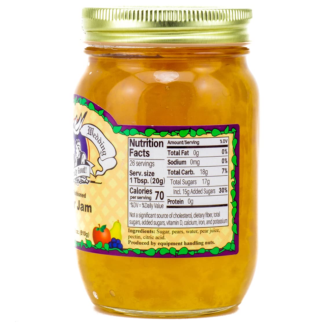 Amish Wedding Foods Old Fashioned Pear Jam - 2 Pack (18 oz Jars) - Homemade Preserves, All Natural Ingredients - Perfect for Toast, Desserts & Gift Giving