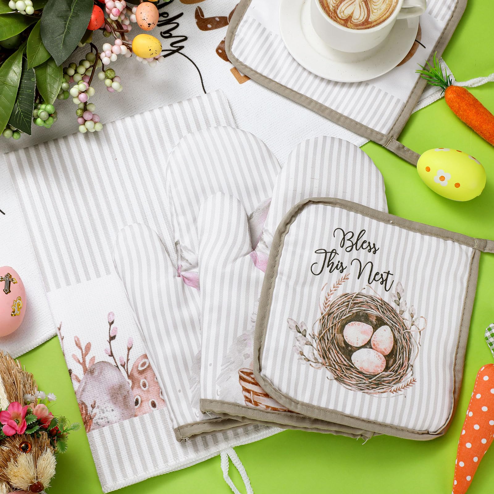 Bencailor 6-Piece Easter Bunny Floral Kitchen Towel and Oven Mitt Set - 2 Dish Towels, 2 Heat Resistant Cooking Gloves, 2 Pot Holders for Spring Holiday Decor & Cooking (White Striped) - Perfect for Easter Decorations, Kitchen Use, and Hostess Gifts