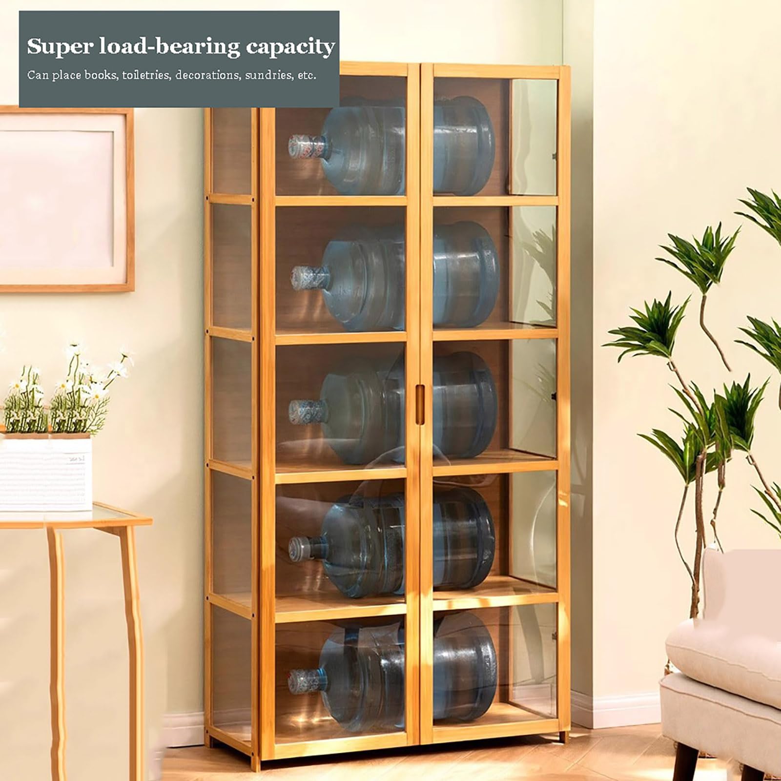 5-Tier Curio Display Cabinet with Clear Acrylic Doors - Transparent Bamboo Floor Standing Bookcase for Collectibles, Figures & Books | Perfect for Living Room, Office or Game Room Decor