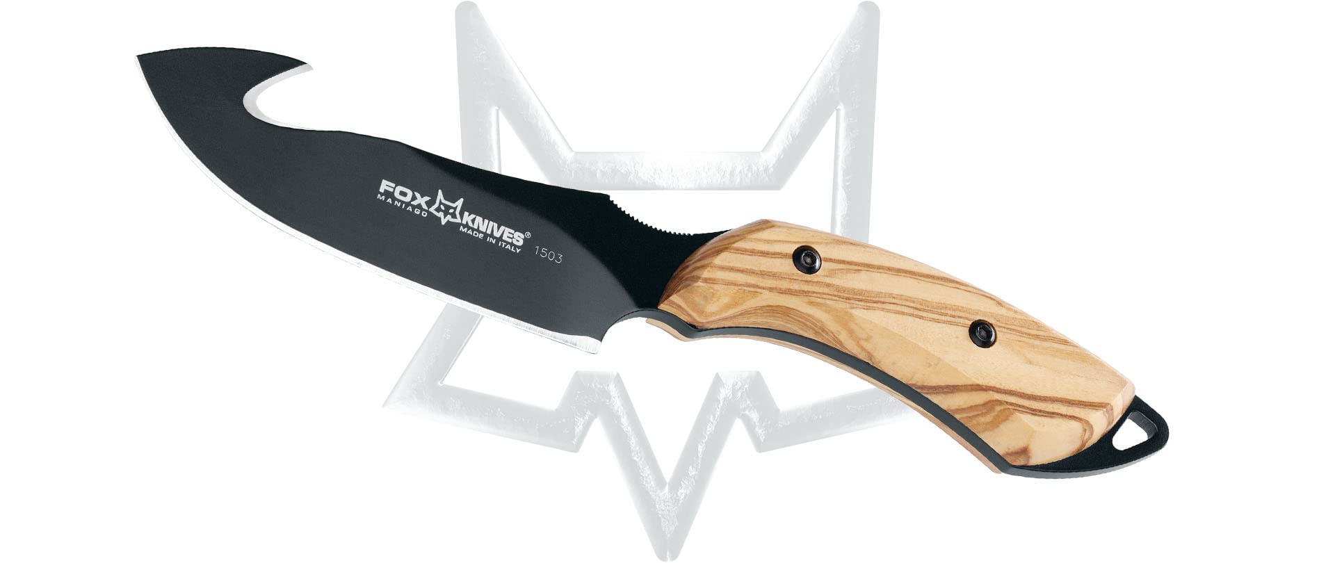 Fox Knives Olive Wood Collection Guthook 1503 OL - Premium N690Co Steel Fixed Blade Hunting Knife for Outdoor Camping, Bushcraft & Survival Activities