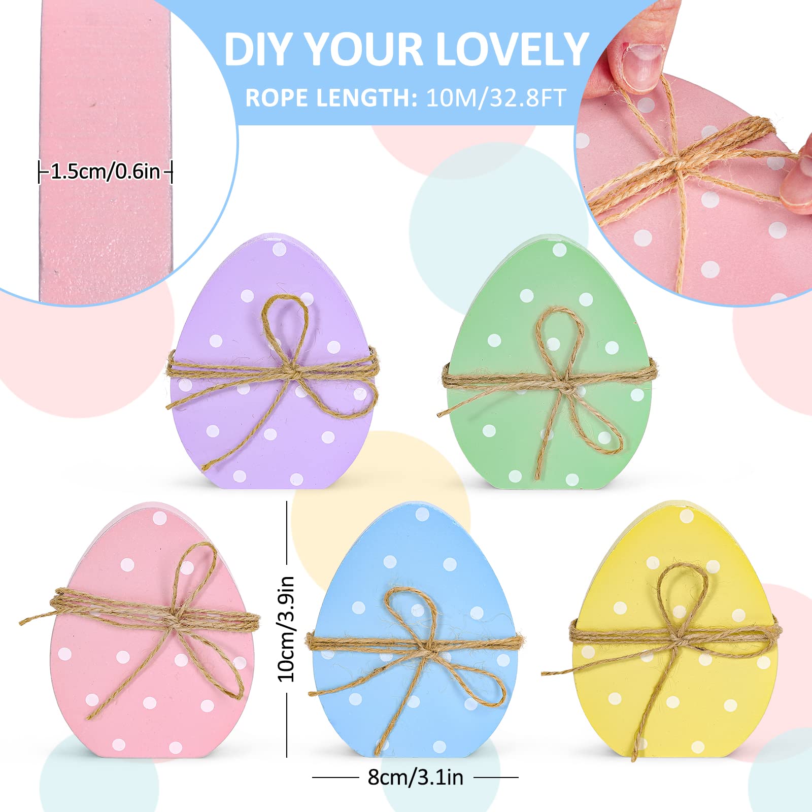 Whaline 5Pcs Easter Wooden Egg Decor - Polka Dot Table Centerpieces, Spring Easter Standing Egg Signs for Tiered Tray & Home Party Decor - Perfect for Easter Tablescapes, Spring Home Decor & Holiday Celebrations