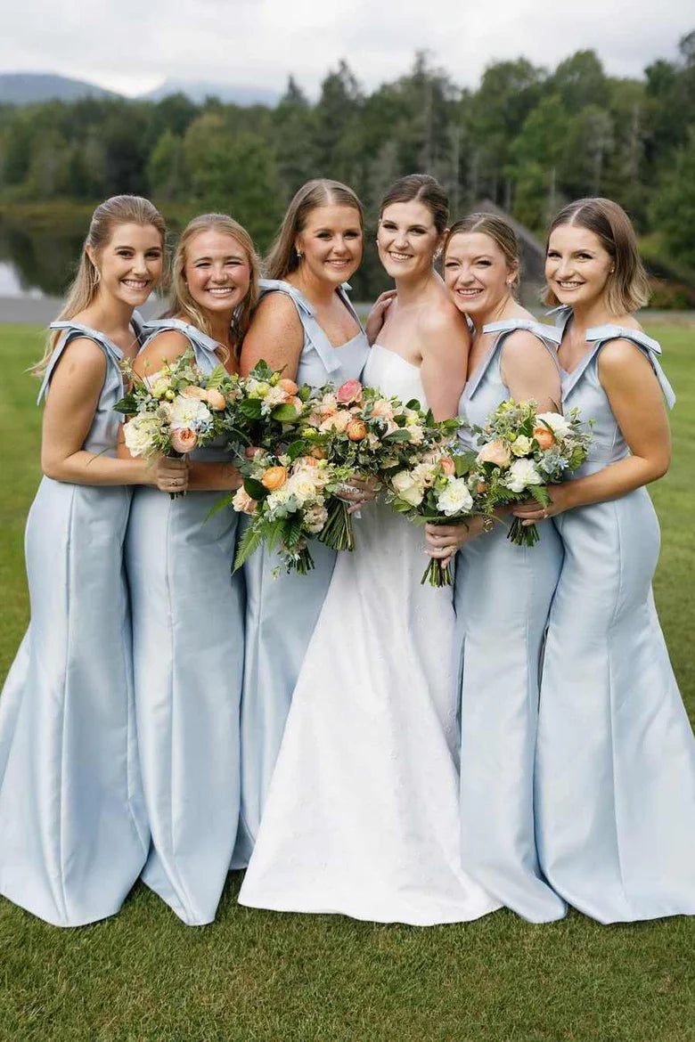 Elegant Long Blue Satin Bridesmaid Dress - Sleeveless with Bow Straps for Weddings, Formal Events & Special Occasions