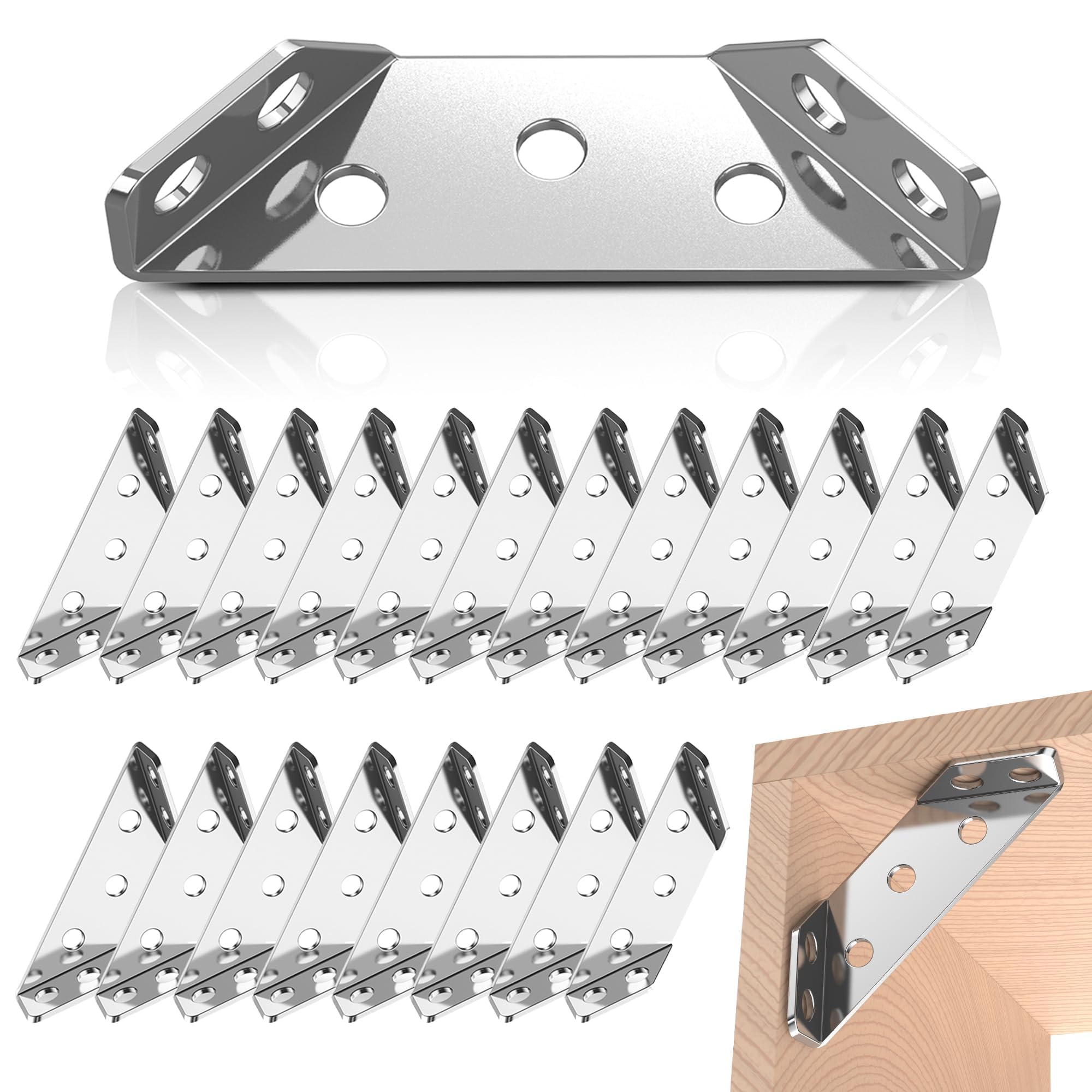 Heavy Duty 20-Pack Stainless Steel Corner Brackets - Universal Furniture Connectors for Wood Cabinets, Tables, Chairs & Shelves - Triangular Support Brackets for Home Office & DIY Furniture Assembly