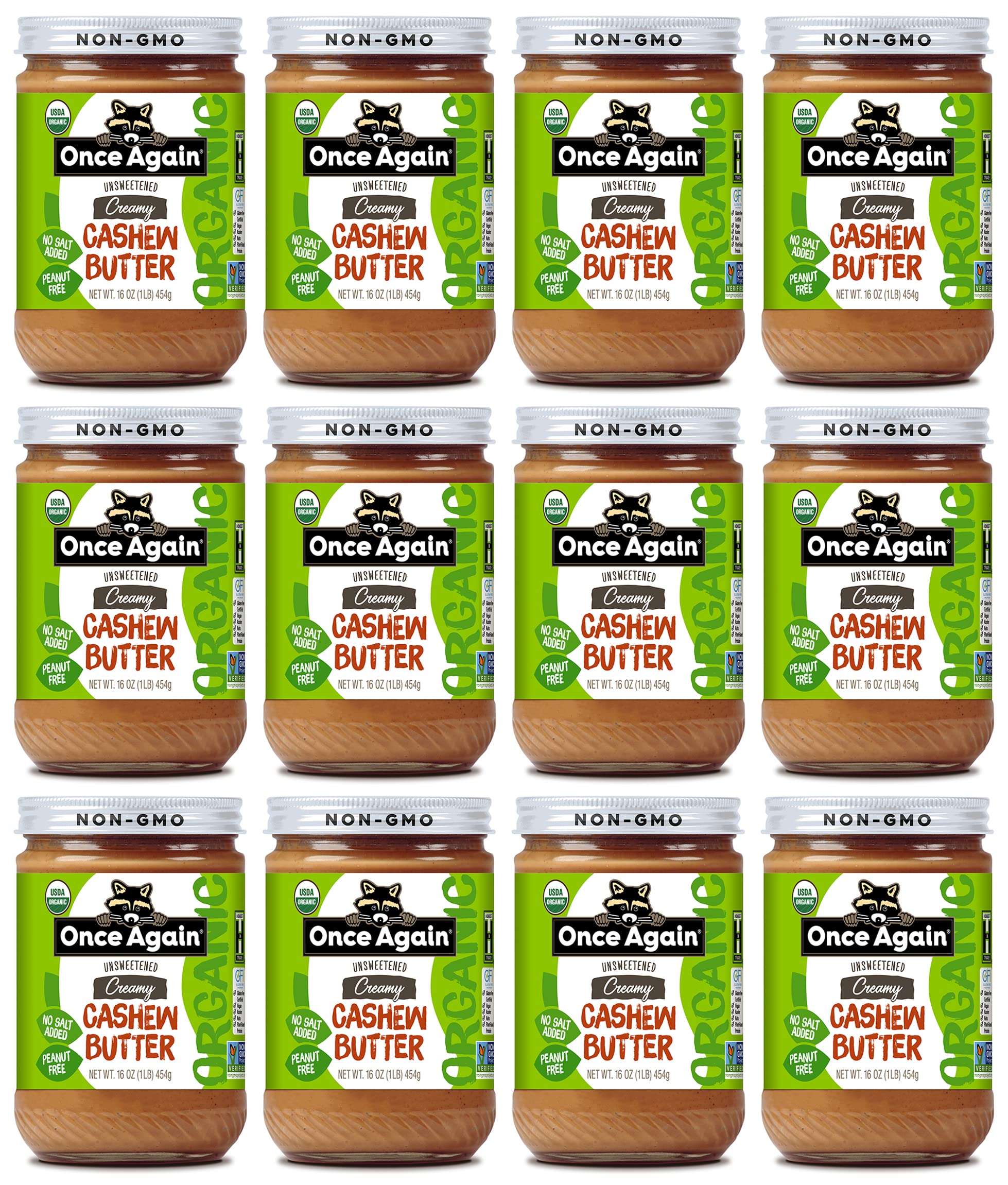 Once Again Organic Creamy Cashew Butter, 16oz - Unsweetened, USDA Organic, Gluten Free, Vegan, Kosher, Peanut Free - Healthy Snack for Smoothies, Baking & Toast - 12 Pack in Glass Jars